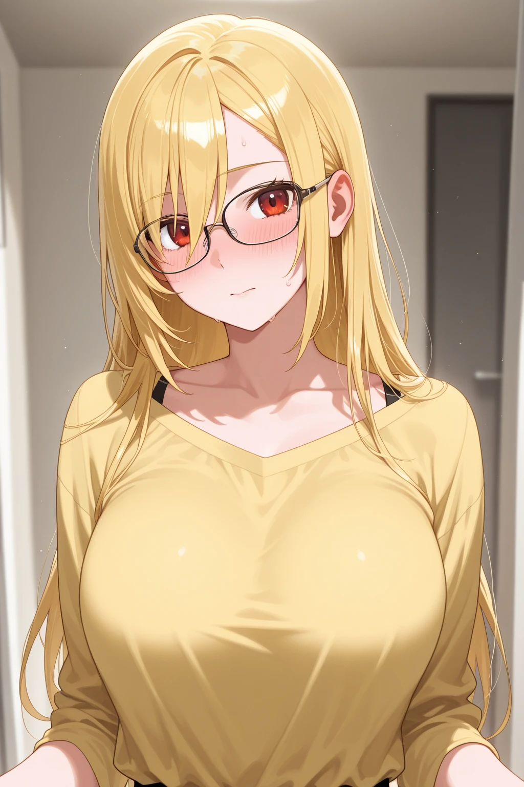 Highest quality、White background、One girl、(((((Lori)))))、(((child)))、Young、(((he is short)))、yandere face、((BREAK Light yellow straight hair))、(((Are thin)))、Yellow Eyes、Round Glasses、White T-shirt、((((Too big breasts))))