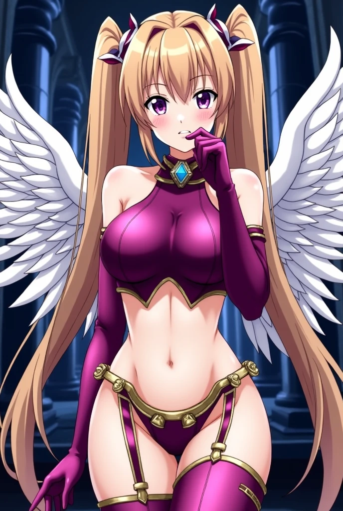 masterpiece, best quality, eldri, yellow wings, camisole, cleavage, pink panties, huge breasts, cowboy shot, waving, :D, hand to hip, looking at viewer, city, night, levitating, full body, pants,
