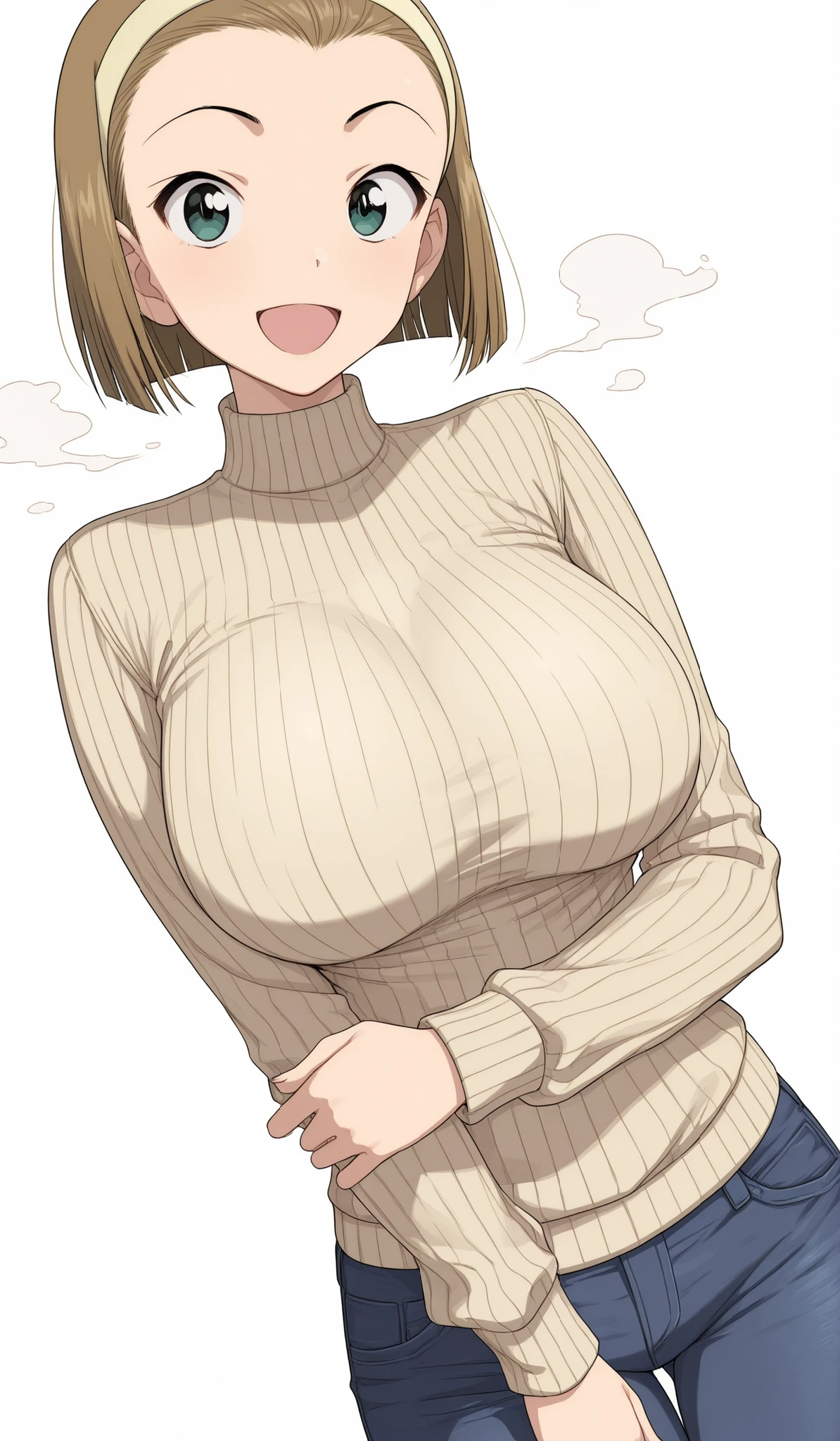 masterpiece, best quality, amazing quality, Jj.Jj, 1girl , Alone, suzuki sonoko, hairband, short hair, brown hair、 white background, simple background,, (troubled face、denim , steam body , high neck、Ribbed sweater, Long Sleeve , vertical striped sweater)、large breasts、standing、looking at viewer、feminine charm, fingers in, open mouth, smile