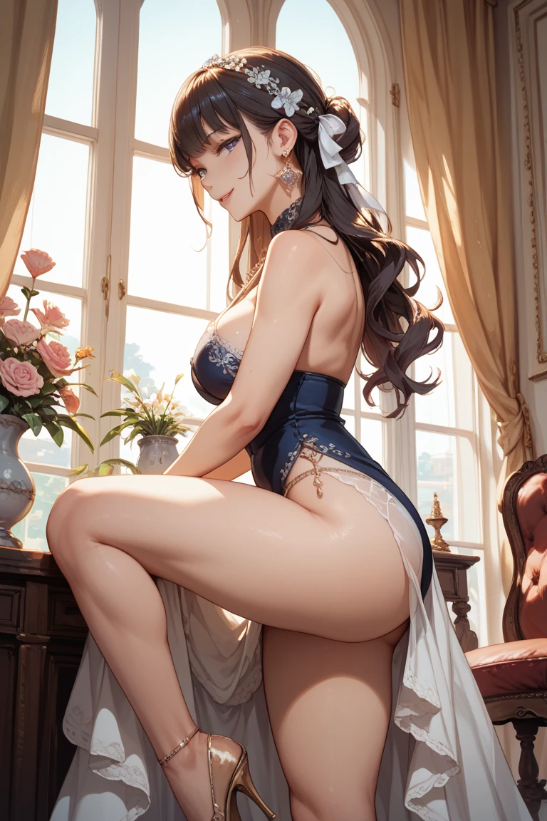 Young girl, Off-the-shoulder (naked:1.4), Spats (see-through lingerie:1.3), (Blushing:1.0), Contemptuous, Detailed face