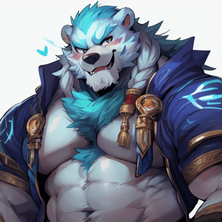 (masterpiece)，ancient，Very detailed，(best quality)，hairy，Bear，white hair，eyes blue，buff ,muscular，(chubby)，(huge size)，charming，((ancient costume))， (ancient costume)，((crotch bulge))，Stand deep in the snowy village，(Smile)，(eyes closed))),cool pose，background，16K，(high quality)，facial clarity