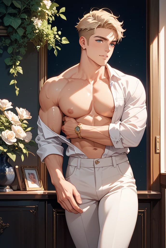 a handsome tall man, He is 28 years old,Thin waist,The pectoral muscles are well developed, He is 175cm tall,Weight 62 kg、yellow-green eyes、brown hair color、short hair、Shirtless、looking into camera,Smile,((lily)),cage,Lace-up,white rope,white cloth curtains,falling white petals