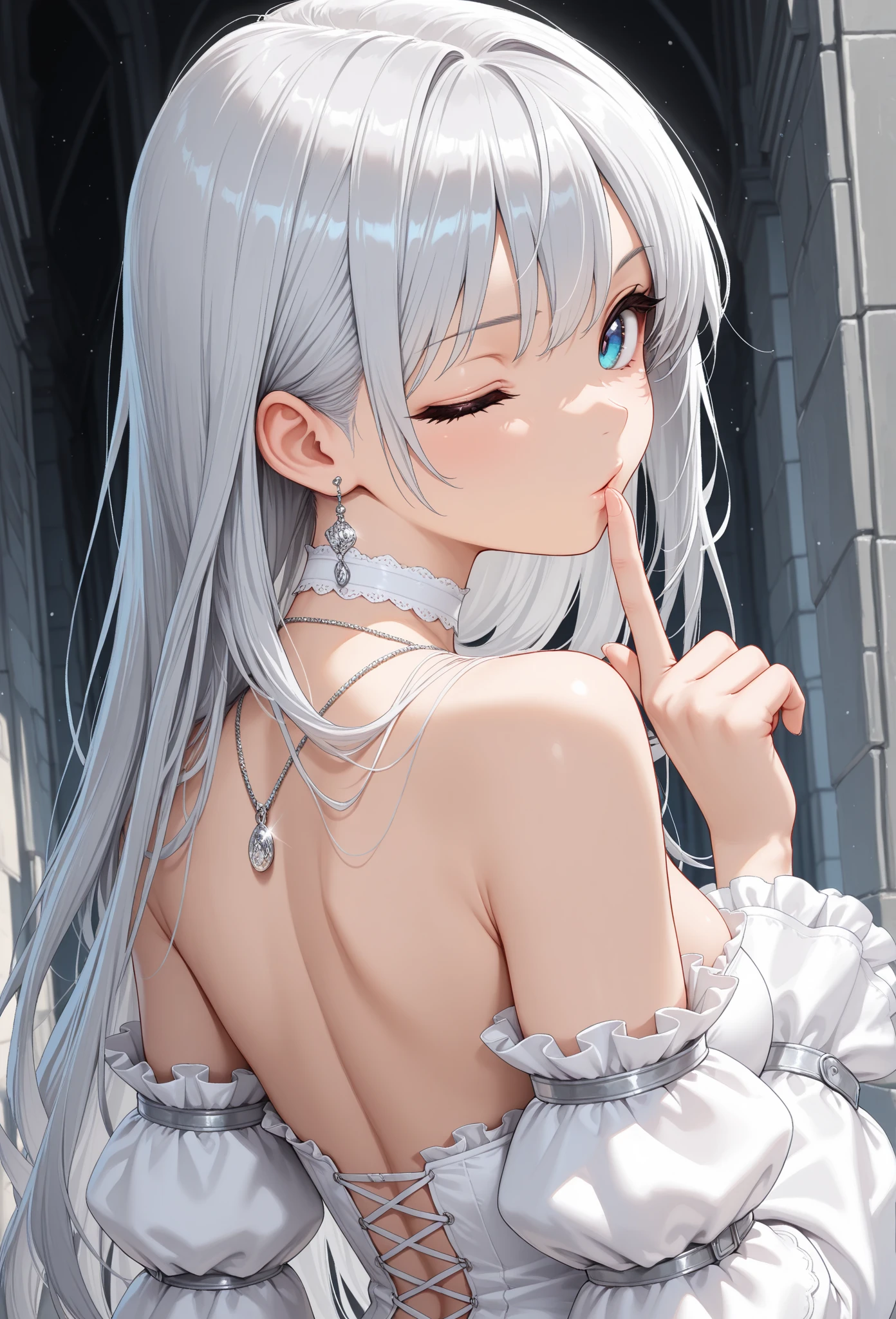 Girl, silver hair, white headscarf, white dress, half body image, big , perfect fingers, perfect eyes, 4k image