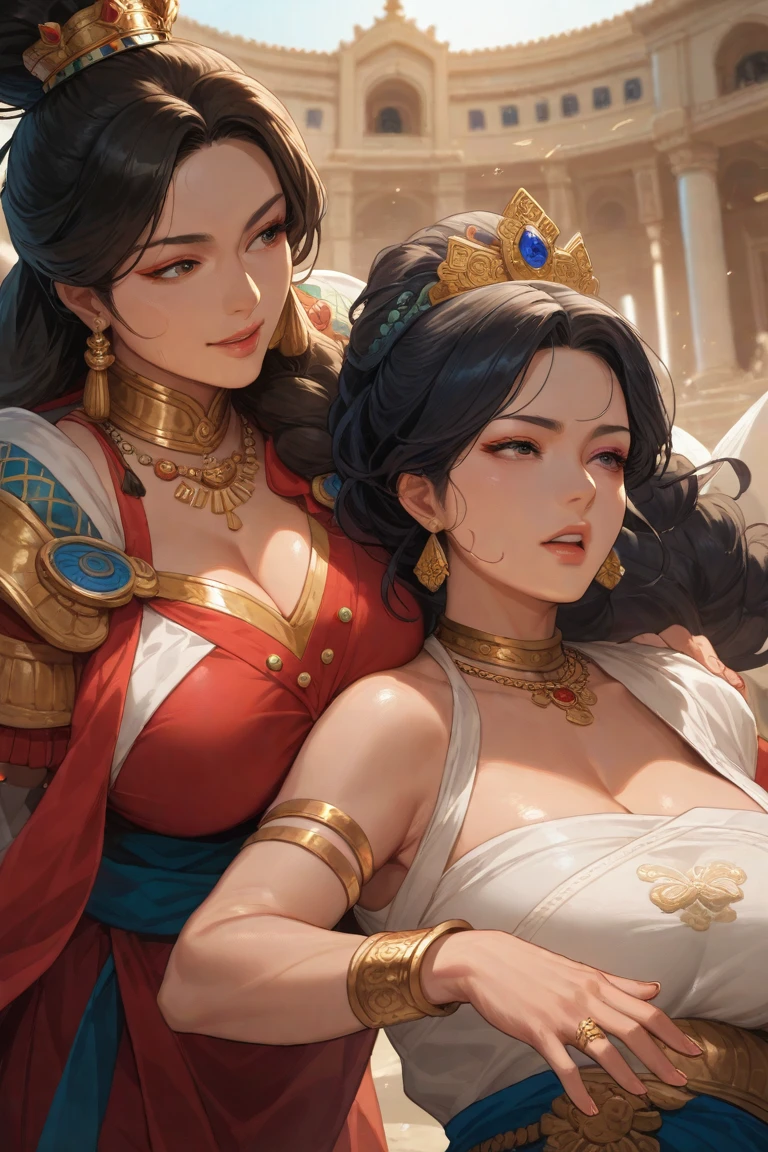 a woman with exaggerated large breasts, confident sitting on a throne, wearing a gorgeous red dress, a large ornate crown on her head, looking down at the viewer, detailed facial features, hyper-realistic, 8k, ultra-detailed, photorealistic, masterpiece, dramatic lighting, cinematic, oil painting、She is a Japanese woman、She is protected by the knights.