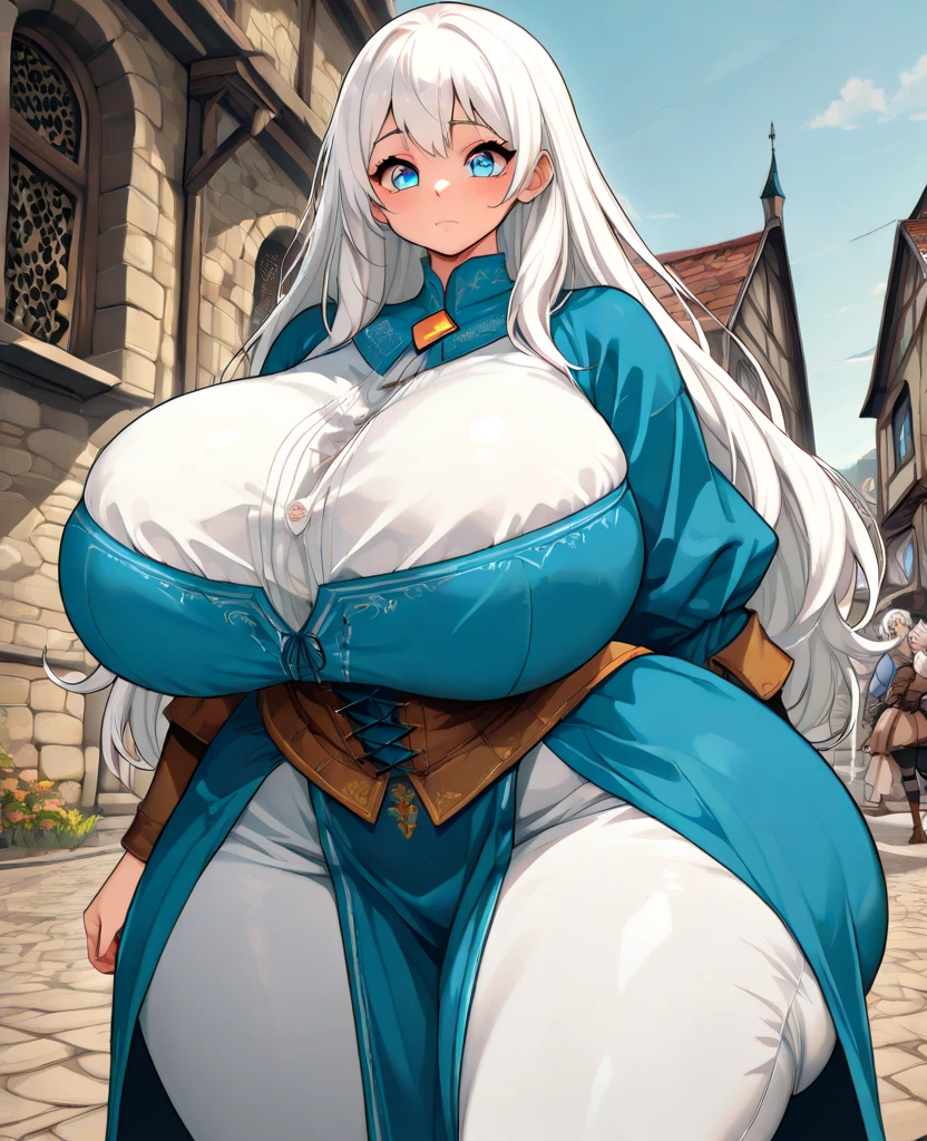 1woman, chubby body, short white hair, white hair covering eyes, shy face, yellow necklace, white top with light blue cat print, white and blue fur trim jacket, blue shorts, long white stockings, blue snickers, blue bag, big breasts, big ass, medieval town background