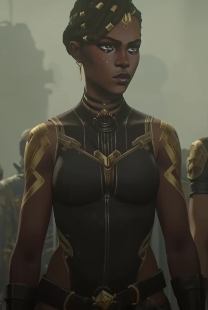 shadow, shadow skin, very long braid, dark blue top, gold vest, (sais), white tatoos, 1woman, solo, full body view, (masterpiece, best quality), (hyper realistic:1.6), ((detailed face)), ((award-winning)), (sharp), (8k resolution), (cinematic lighting)