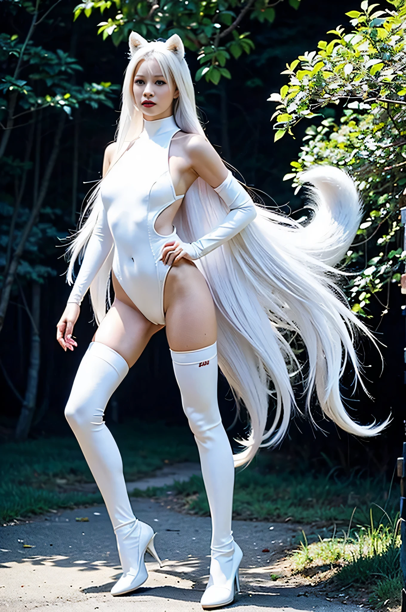redhead woman with long white hair beautiful face , crystal high heel jacket, 8k image