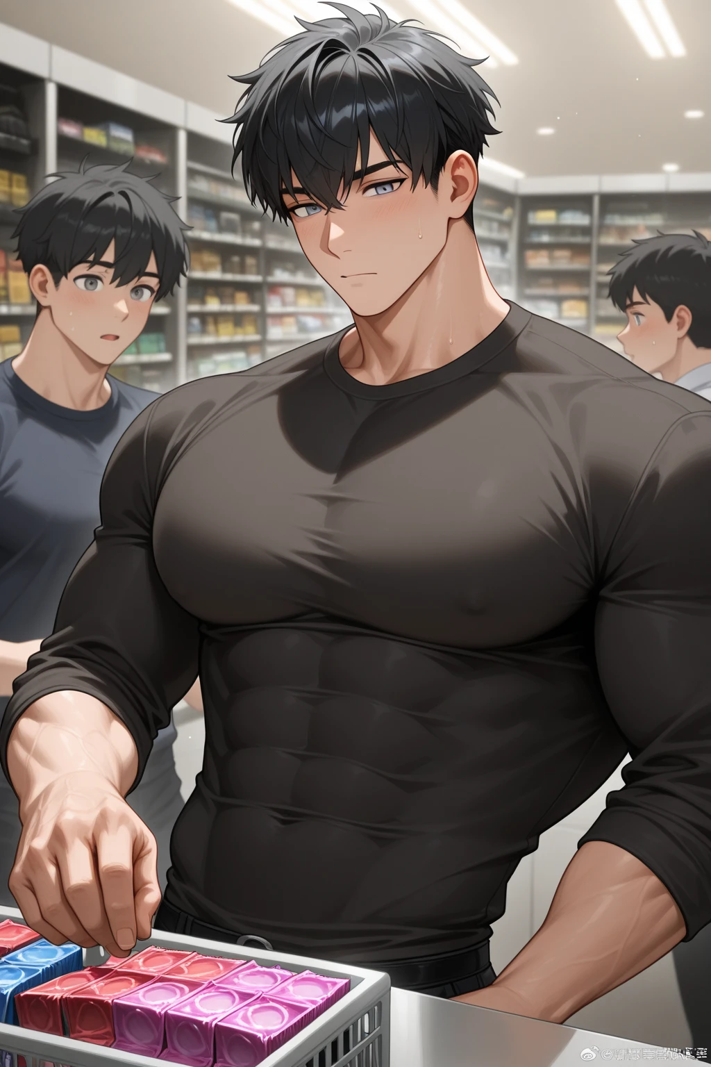 1man, male focus, Tsutzuki Ushio, at cafeteria, wearing gym clothes, muscular, table, cup of coffee, mobs at the background, erection tent, bulge, bulged pants, erection outline