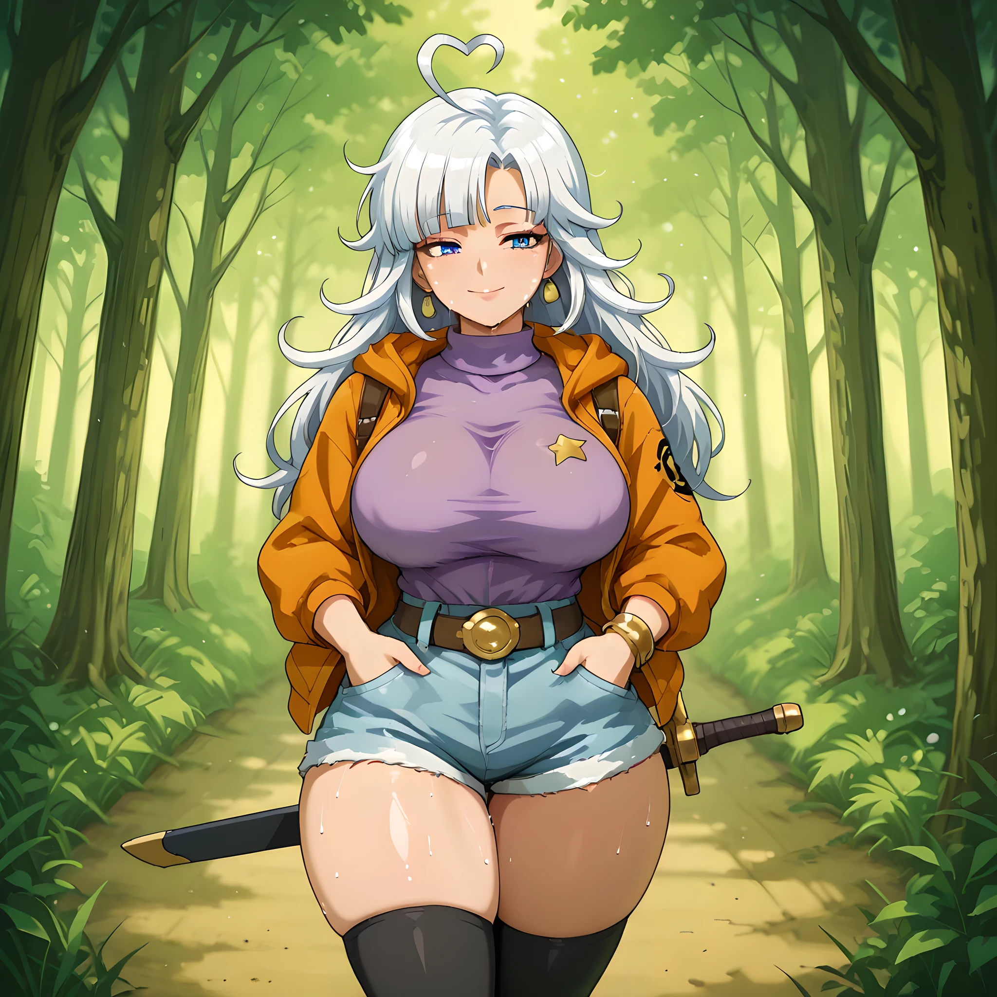 high side angle, ((anime scene, 1woman, solo)), (anime style Chrono Trigger:1.15, warm colors in anime style, ultra quality, full HD, 4K quality, perfectly detailed eyes, rich scenery details, ultra facial details, ultra image sharpness, epic atmosphere, balanced light, focus on the character, beautiful woman), enchanted forest based on the anime Chrono Trigger, magical creatures flying around, black butterflies flying around the trees, lake near the protagonist, mountains visible in the distance but covered by a dense fog, distant kingdom seen on the horizon), {Ayla from Chrono Trigger}:((Adventurer's outfit, walking happily through the forest, with her hands in the pockets of her orange hooded jacket, thorn choker, black star printed on the jacket, charismatic behavior, woman looking with a smiling gaze, half-closed gaze, straight bangs, thighs together, white denim shorts tight on her fleshy thighs, pink turtleneck blouse with vertical black stripes tight on her round breasts, blouse pressing on her breasts, tight clothing on the body accentuating her curves, sensual lips, tight green thigh-high socks, heart-shaped ahoge hair, sweaty skin, orange cloth boots with black laces, messy hair and curled at the ends, double-colored white hair, green streaks at the ends, golden pupils, carrying a black-bladed sword with a golden jewel in the center in the sheath attached to her waist, golden earrings, rings of different types of jewels, bronze bracelets)), ((big breasts, round buttocks, curvy body, standing upright, strong body, woman with defined body))