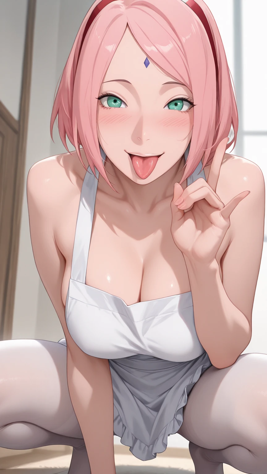 ((masterpiece,best quality)), high resolution, highly detailed, detailed background, perfect lighting,detailed beautiful eyes, 1girl,solo,embarrassed,blush,steam, heavy breathing,look at viewer,saliva,naughty face,evil smile,(open mouth wide,oral,spread mouth:1.4),drivel,close up face,portrait,(from above,from front:1.2), (pov:1.4),drool stringing,be breathless,show mouth,sweat,fisheye lens,stick tongue out,kneeling,armpits,fair skin,(flat chest),short stature,tiny,diona,(bangs up knot,forehead),pink hair,blue eye,cat ear,cat tail,wooden house,school swimsuit