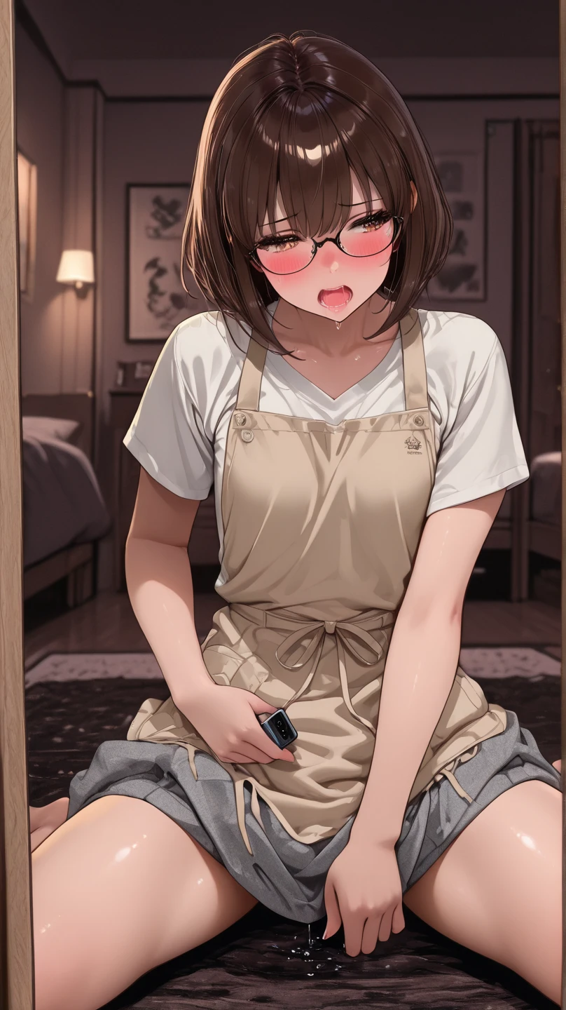 nsfw,(super fine illustration,8K CG wallpaper,best quality,extremely detailed,ultra high res,best aesthetic),(cowboy shot,from front),idolmaster, {{{hina araki}}}, (20yo, beautiful girl, cute girl), (beautiful brown eyes), (beautiful orange hair), (((short hair))), (waviy hair), (wet hair), (wet skin), (sweat), (steam), (flat chests, large breasts), (nude), (wet, sweat:1.3), (glasses), dining room, sitting,((cum on body:1.9, cum on hair:1.9. cum on face:1.9, cum on mouths:1.3,cum on table 1.9)),((multiple boys, peeing on a girl, facial, cum on mouth, cum on body, multiple penises, gangbang))),ecstasy torogao, saliva trail, nose blush,(shyness (smile)), ((cum on pizza:1.8)), ((eat cum:1.3)),(peace sign:1.5),