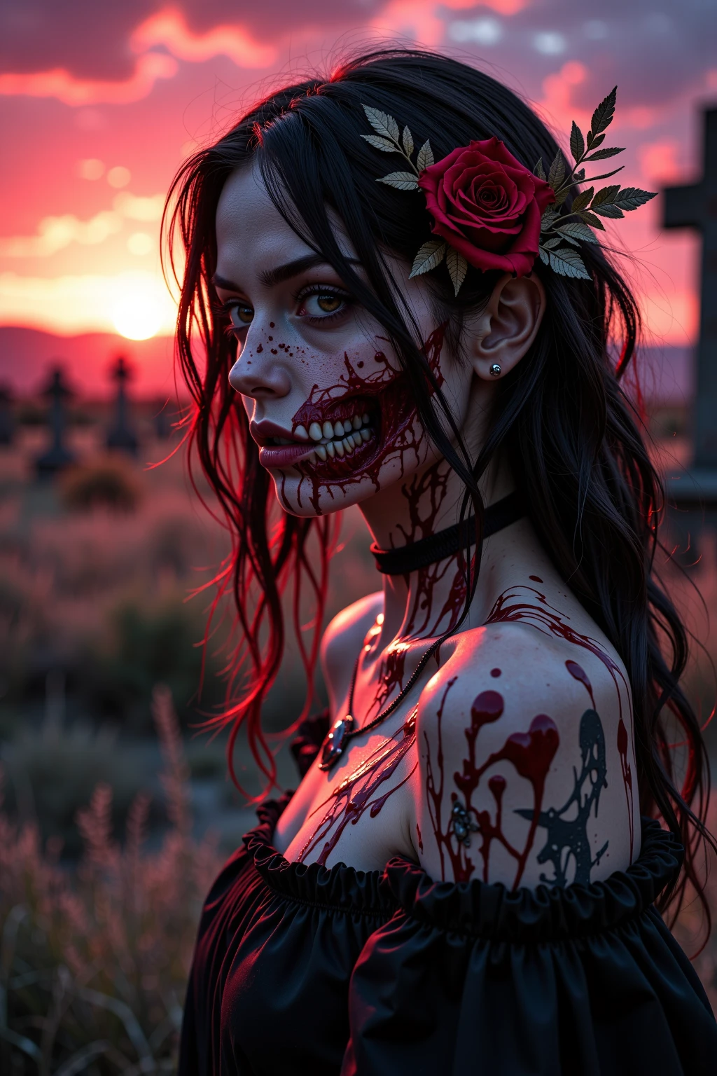 Female zombie covered in thorny rose vines、The thorns of the roses tore at my skin.、Struggling female zombie、Dark and gritty、Horror、Gothic、