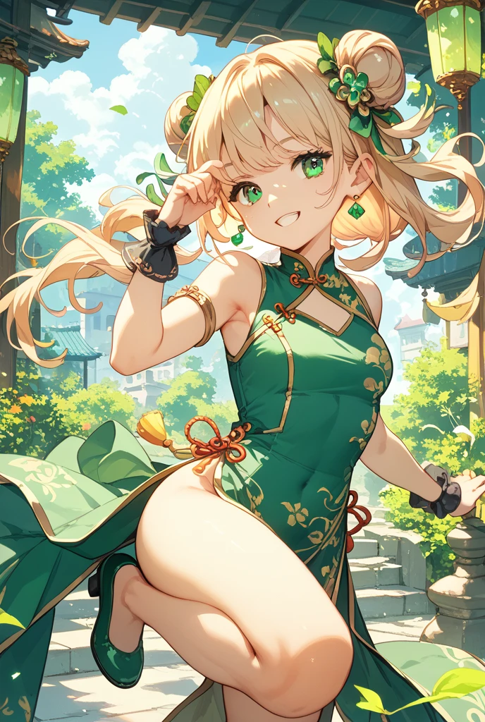 30 years old,1 girl,hyperrealistic, 8k, (extremely detailed 8k), (very delicate and beautiful), (masterpiece), (better quality:1.0), (ultra high resolution:1.0), (masterpiece, best quality), cute,blonde,cleavage cutout,(broen dress:1.3),(crop top navel:1),gleaming skin,twintails,twin bun,a red ribbon on the head,long hair,light green frill Chinese dress,happy,pjnk border,from the front,a bunch of flowers