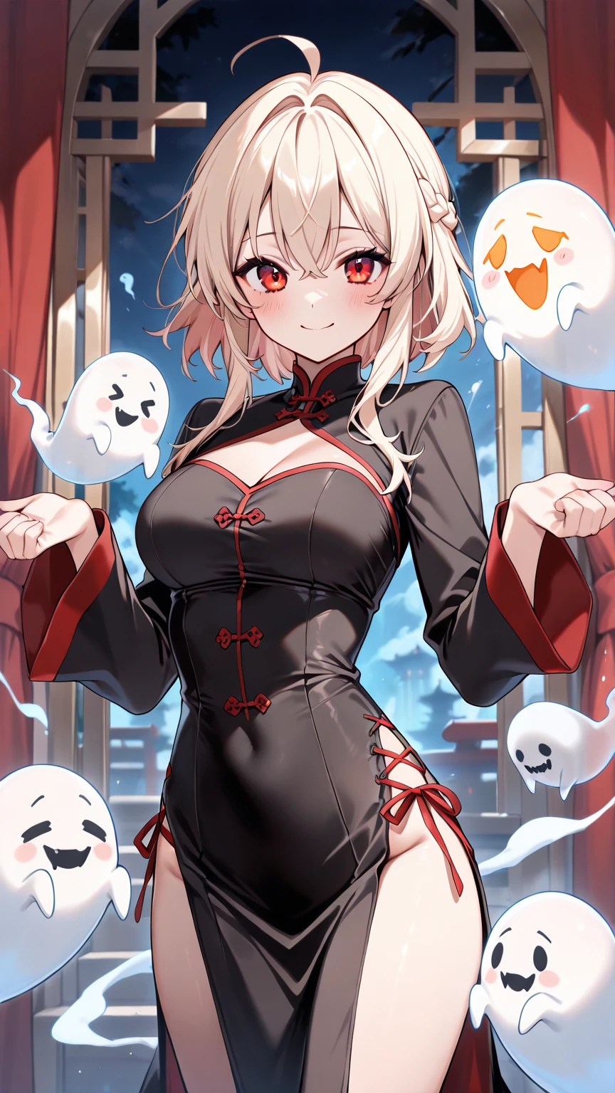 dancer, red dresses doll, showing off, masterpieces, HD, 16K, white hair, white eyes, red rope, scale up, perfect body shape, ghost, spirit, children, 14 years old, cute, spiral, red ribbon, Violence lolita, underboobs, sexy