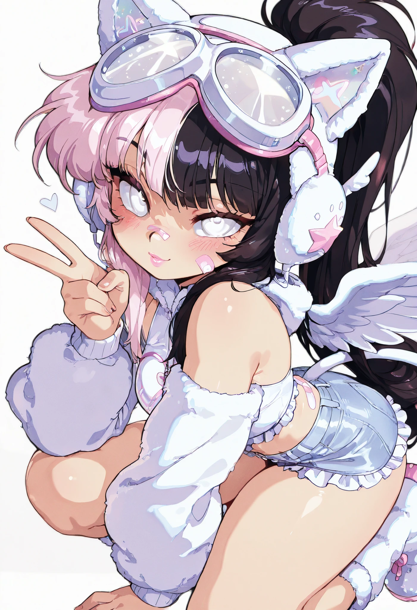masterpiece, best quality, 1girl, , Bl3th3bn3_Styl3_SKNSFW , ((white eyes)), (((black hair and pink split-color hair))), straight bangs, ponytail, ((hime wolf cut hair, long hair,)) sexy, ((white goggles on head,)) white bandaid on cheek, blush, (puffy headphone white cat ears), white frilly outfit, angel like appearance, white lashes, pink lip gloss, detached sleeves, seductive look, white glittery hypnotic eyes, heart pupil, star pupil, fuzzy boots, denim skirt, clevage, shiny lips, v sign with hand, model, fuzzy jacket, white crop top, angel wing accesory on back, white cyber look
