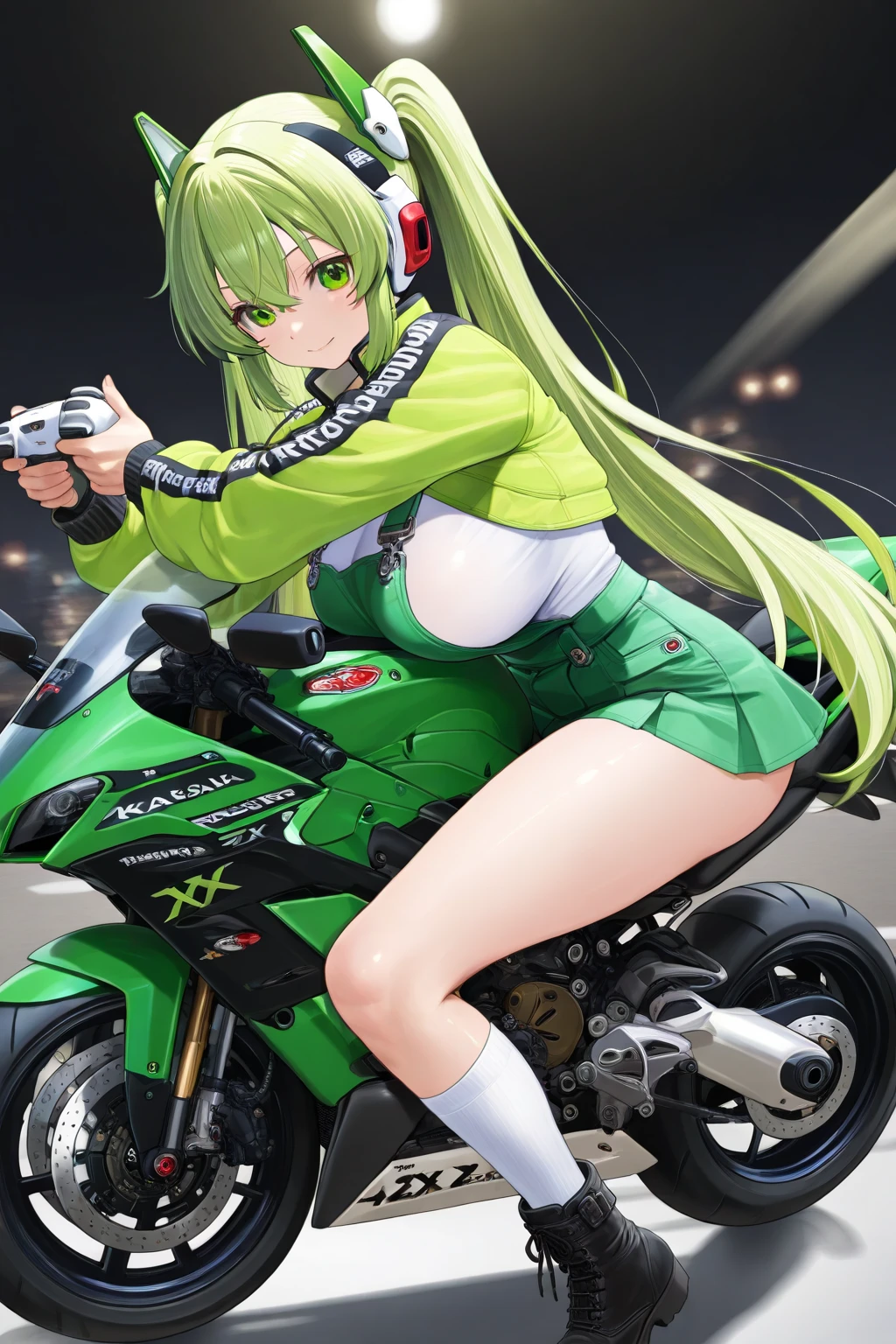 1girl, large breasts, wide hips, green hair, very short hair, short hair, green eyes, bikini, black bikini, neon trim, green neon trim, smile, smirk, smug, futuristic, science-fiction, tech, machinery, shoes, sneakers, motorcycle, motor vehicle