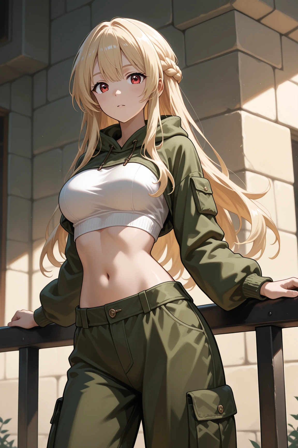 (8k, RAW photo, 最high quality, masterpiece:1.2), High-definition RAW color photo, Professional photo shoot, cinematic light, alone, (((young woman))), (detailed expression), (round eyes), (small face), (high detail skin:1.2), clavicle, cute face, beautiful appearance, long eyelashes, (blonde, wavy hair, Hide one eye with bangs, blue eyes), (red earrings), (slim body shape:1.4, A woman with a slender figure and big breasts), very detailed顔と肌の質感, fine eyes, double eyelid, joy, (((Fun time, smile))), ((facing the front:1.2)), ((photo shootのためポーズをとる)), (In front of the concrete wall:1.5), (((blouson_khaki, oversized cargo pants_black))), ((photo shoot, whole body)), Stand in a pose:1.2, beautiful skin, shiny skin, perfect fingers, five fingers, anatomically correct, background bokeh, high quality, surreal, bright colors, ((Nikon, 135㎜, f/1.8, very detailed, photo shoot)),