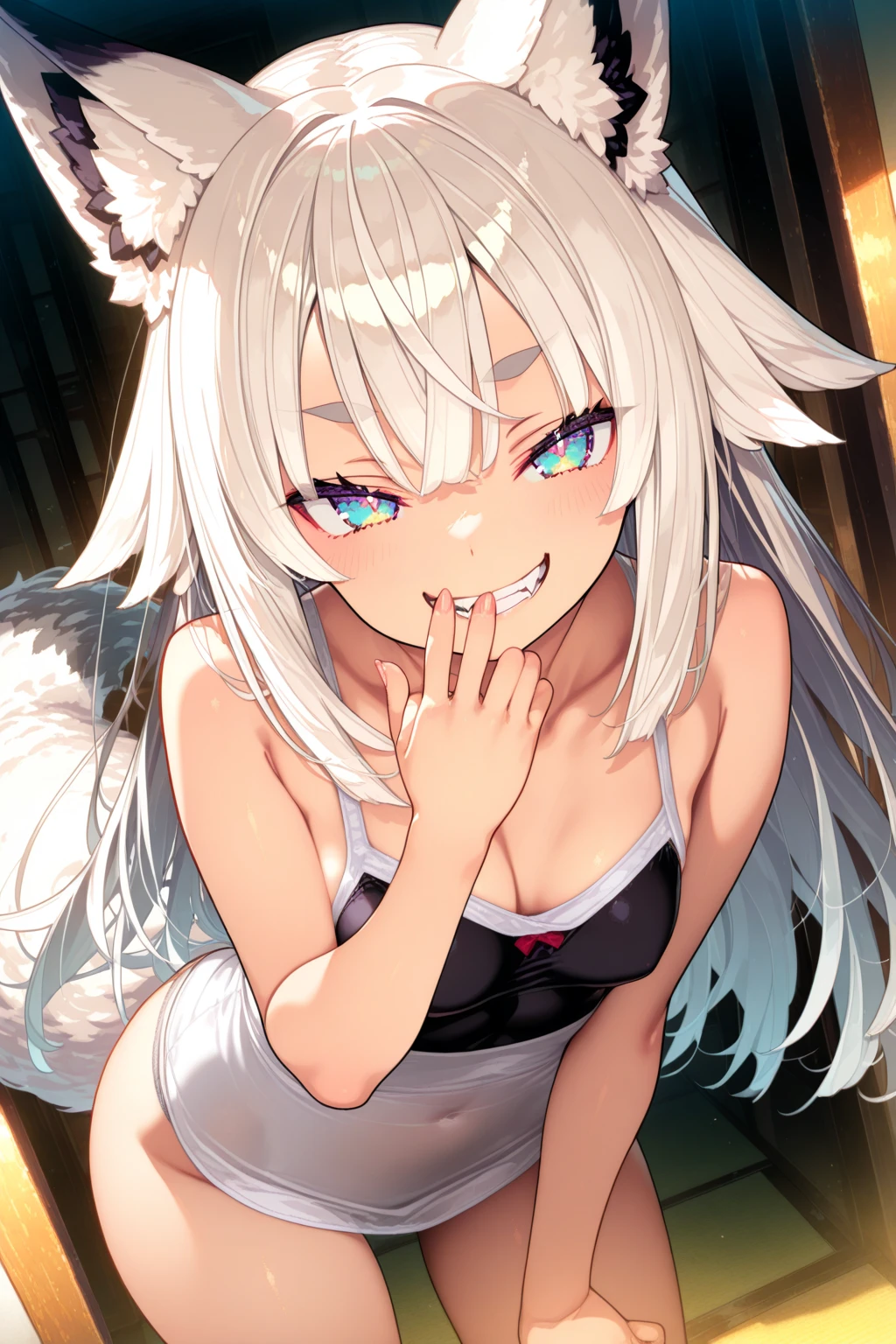 masterpiece, best quality, kitsune 1girl, solo, beautiful kitsune woman, fox ears, bangs, white hair, very long hair, blue eyes, ahegao, medium breasts, black choker, black bra, black panties, 5 white fox tails, white hair, cowboyshot, looking at viewer