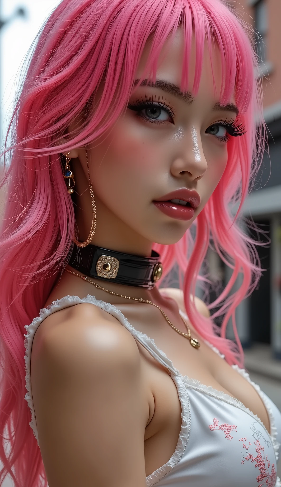  Realistic, (Photorealistic realism), ((ultra quality, extremely detailed digital art)), ((focus on extremely Realistic Proportion Body, Anatomically Correct:1.2)), Beautiful Girl, "ultra details Eyes: (acid-resistant terminology) (macro-details:1 . 5): * Moist corneal surface (visible aqueous layer:1 . 2) * (Hyper-detailed brown iris stroma (with gold flecks)) * Precise limbal ring (slightly darker pigmentation:1 . 22) * Pupil micro-texture (irregular edge authenticity:0 . 9) * Vasculature in sclera (subtle red veins radiating from limbus)" - "Lashes: blue individual synthetic fibers (crosshatched roots:1 . 2 , clump-free separation)") (Post-Processing: - "Frequency separation for skin vs eye details" - "Selective sharpening: eyes150% , hair100%" - "Denoise: luminance20 , color35 (retain corneal speculars)") (Avoid: "pupil distortion , uncanny valley asymmetry , plastic-like wetness"). perfect lighting , extremely detailed hair(( Bright neon pink hair in retro 50s style )) , Perfect and exquisite face , Perfect collarbone, perfect body, juicy breasts , Symmetrical face、(masterpiece), seductive woman, (( juicy lips ))、[[ (elegant style clothes),((hot fashion style,sleeveless T-shirt (dark Pink:1.2), short skirt),(different cuts and finishes,short sleeveless T-shirt and short skirt),Intricate details, white silk]], ((Lively,Active,vivaciousness)), ((Panties)), ((Exposing thighs)), (Erotic:1.6)、{{Dynamic scene(full body shot))(walks up the stone steps, turn around, (Look at me over your shoulder as I climb the stone steps behind you in Chinatown in the big city:1.3))}}, (Perspective looking up (from below), smile), (dynamic pose:1.22), (Rendering engine: "Unreal Engine 5 path tracing, 16K texture maps") Anisotropic Filtering,Maximum Sharpness and Sharpness,Albedo and Specular maps,Surface Shading,Precise simulation of light-material interactions