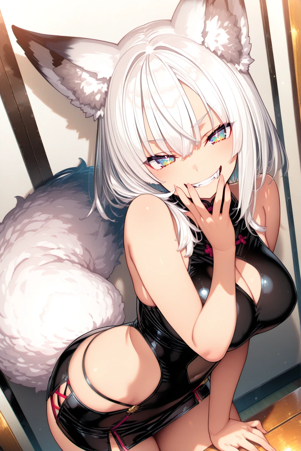 NSFW,masterpiece,Highest quality,High resolution,Super detailed,Shirakami Fubuki\(Hololive\),Gray Hair、One-sided braid、Ahoge、Earrings,Fox ears,Fox tail,Small breasts,nurse,Pink Nurse Uniform,Nurse cap,Stethoscope,Embarrassed,blush,Expecting face,Bewitching Smile,Sexy look,Hospital at night,Examination room,desk,pc,Chair,(Seduce),Cleavage,examine,Chairに座っている,Rub your own breasts