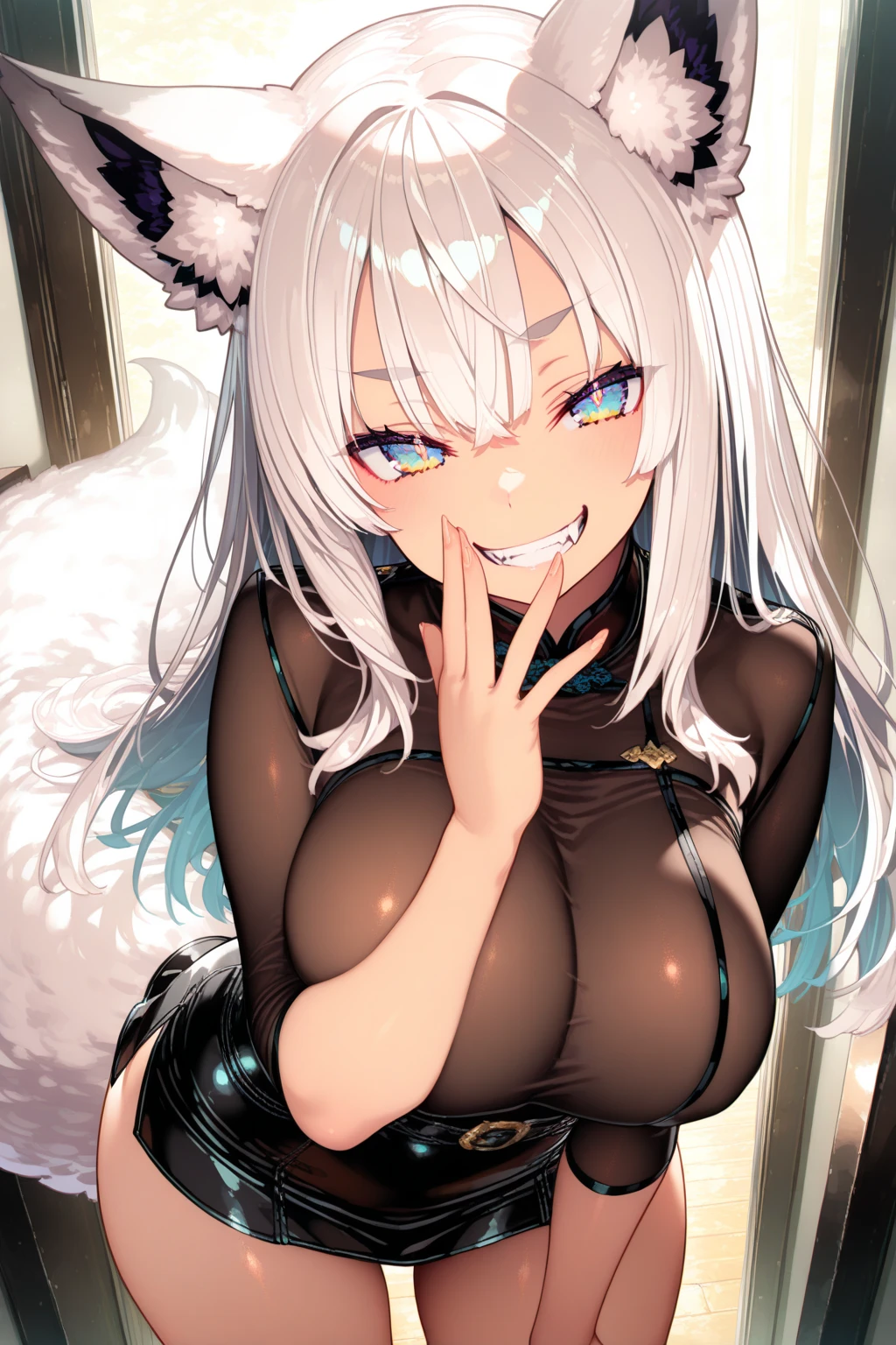 NSFW,masterpiece,Highest quality,High resolution,Super detailed,Shirakami Fubuki\(Hololive\),Gray Hair、One-sided braid、Ahoge、Earrings、Fox ears,Fox Tail,(Leather leotard),High leg,Open crotch,(Body Harness),Micro Mini Skirt,Fishnet tights,Embarrassed,Frustrated face,Lust,blush,Expecting face,(Ahegao),Smirking face,Love Hotel at Night,Luxurious Room,sofa,low table,sake,chandelier,(To flatter),want,Streaks,(Sex slave),(Middle-aged men),A man puts his hands on her waist and hugs her,Having sex,Insert,Creampie,heart,Wet,(Squirting),From the side