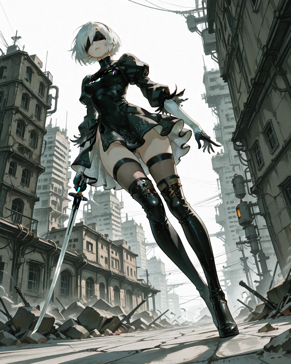haveรายละเอียดมาก, clear, beautiful body, Beautiful nose, Beautiful character design, perfect eyes, perfect face, very high, 4k, Beautiful legs, perfect legs, good hand, perfect hand, Masterpiece, best quality, haveรายละเอียดสูง, illustration, nonsense, perfect anatomy, street fighter, doll set, Chadaloo Doll, doll set, expressionless, ดวงempty eyes, look at viewer, red gloves, Emotionless, black Latex, corruption, mind control, female warrior, full body, hypnotized, ความมึนงงที่ไม่haveความสุข, full body suit, ชุดบอดี้สูทแบบhaveจั๊ม, Both arms are at the sides., obey, perfect woman's body, extremely glossy Latex, hypnosis, Hipnolora, empty eyes, mind control device, Poses, give up_Pose, slave, stand straight, stand, stand at attention, have, necktie, belt, Latex, ชุดบอดี้สูทแบบhaveจั๊ม, thigh high, garter belt, fighting posture, Extend your right arm away from your shoulder into the air with your hand straight., soldier, Ankle boots, 1 girl, hair accessories, white hair, long hair, blue eyes, (((pixel perfect, perfect details))), alone, 1 girl, Rei Hatada, Christa, crown, holding a sword, low wings, feather wings, Hair color inside,