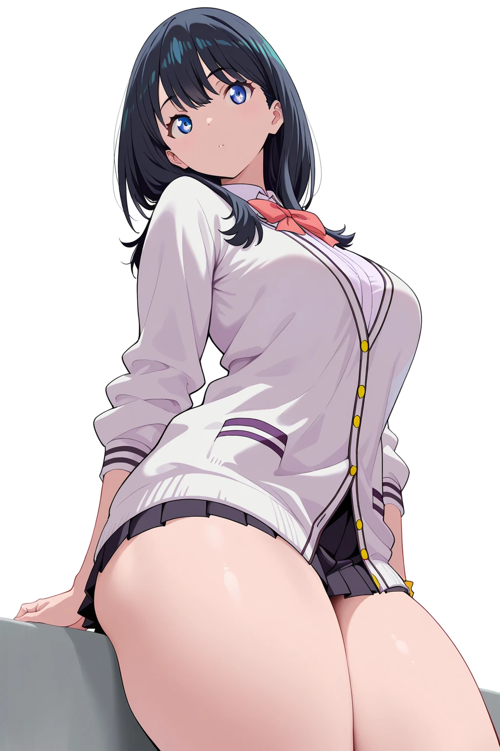(Highest quality、masterpiece、、Highest quality、Hyperrealism、Ultra HD)、 A high school girl wearing a white blouse and a navy blue skirt:1.2)、( Red bow tie on chest:1.1)、Perfect Style、Perfect body line、Large Breasts、Perfect beautiful anime style、Smooth anime CG art、Standing Elegantly、(The simplest pure white background:1.2)、(Panties shot from below:1.3)、Spread your legs、(Open your crotch to show your panties:1.2)、Embarrassed expression、blush