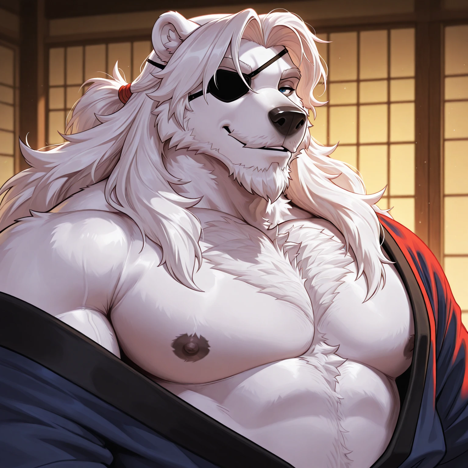 (tomorrow), 1volibear, solo, mirando a la audiencia, Invierno, sonrisa,hombre musculoso，barba,de edad mediana，white fundoshi,((abierto)  kimono)，ropa tradicional china,de cerca,aretes,nipple ring,sudor,babeando,Rubor Pegatina，wet