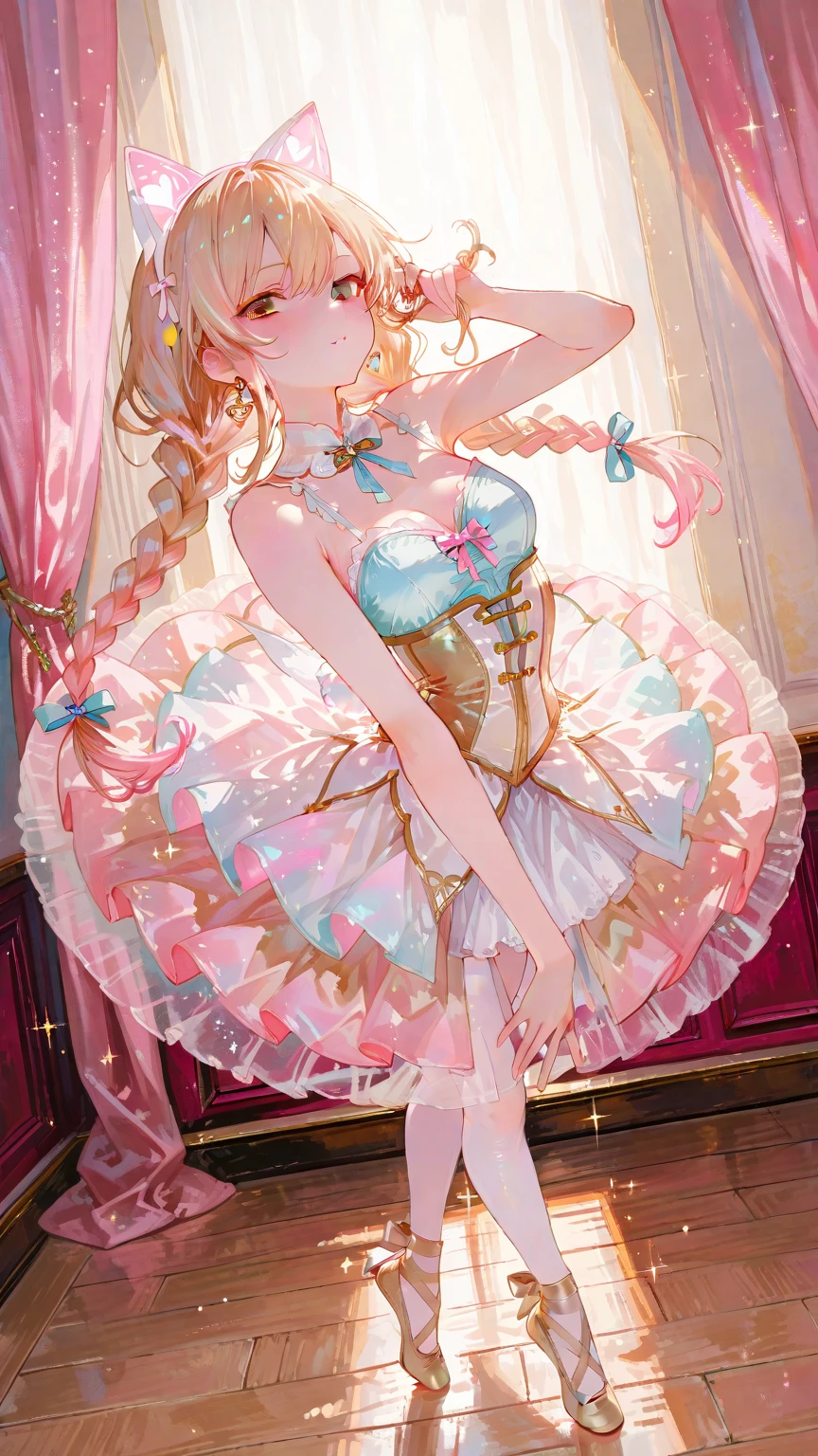 Create an image of Sanji from One Piece reimagined as a graceful and elegant young ballerina. She has her signature blonde hair styled in a sophisticated ballet updo, with soft curls or a neat bun, adorned with a delicate hair accessory or a pink ribbon. Her bright blue eyes are expressive and filled with the poise and charm of a dedicated ballerina. She is dressed in a beautiful and delicate pink ballet costume that highlights her elegance and grace: Top: A fitted, pink leotard with subtle, elegant details such as lace, sequins, or a soft satin finish. The leotard is designed with a high neckline or a sweetheart cut, showcasing a refined ballet aesthetic. Skirt: A voluminous tutu in a soft, pastel pink, made from layers of tulle or organza. The tutu flares out gracefully from her waist, adding a dreamy, ethereal quality to her appearance. The edges of the tutu might be adorned with delicate satin ribbons or small embellishments. Footwear: Traditional ballet slippers in a matching pink color, designed with a delicate ribbon that ties around her ankles. The slippers are well-fitted and polished, completing the ballet ensemble. Accessories: A small, elegant tiara or hairpin that complements her ballet look. The accessory could be adorned with tiny pearls or crystals, adding a touch of sophistication to her outfit. Sanji’s posture is poised and elegant, captured in a classic ballet pose such as an arabesque or a graceful plié. Her expression is serene and focused, reflecting the beauty of ballet and her own charismatic presence. Every detail, from the soft layers of the tutu to the delicate ribbons on her ballet slippers, is rendered with precision. The image should be visually stunning and captured in 8K resolution, ensuring that every aspect of her appearance is portrayed with high quality, resulting in a captivating and perfect representation of Sanji as a young ballerina in a pink outfit