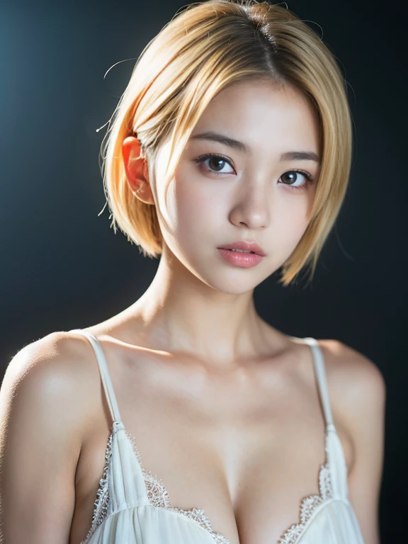 highest quality、ultra high resolution、(photorealistic:1.4)、((full nude))、beautiful eyes、blonde、brown eyes、beautiful breasts、detailed skin、thin pubic hair、NSFW, 8k quality, 8K Ultra, pixel up 10 times、Super detailed cute face、detailed lip、detailed eyes、double eyelid、natural makeup、(kind eyes)、(super cute girl)、perfect balance、small tangled naked short hair、((Black background))、((doing sexual service))