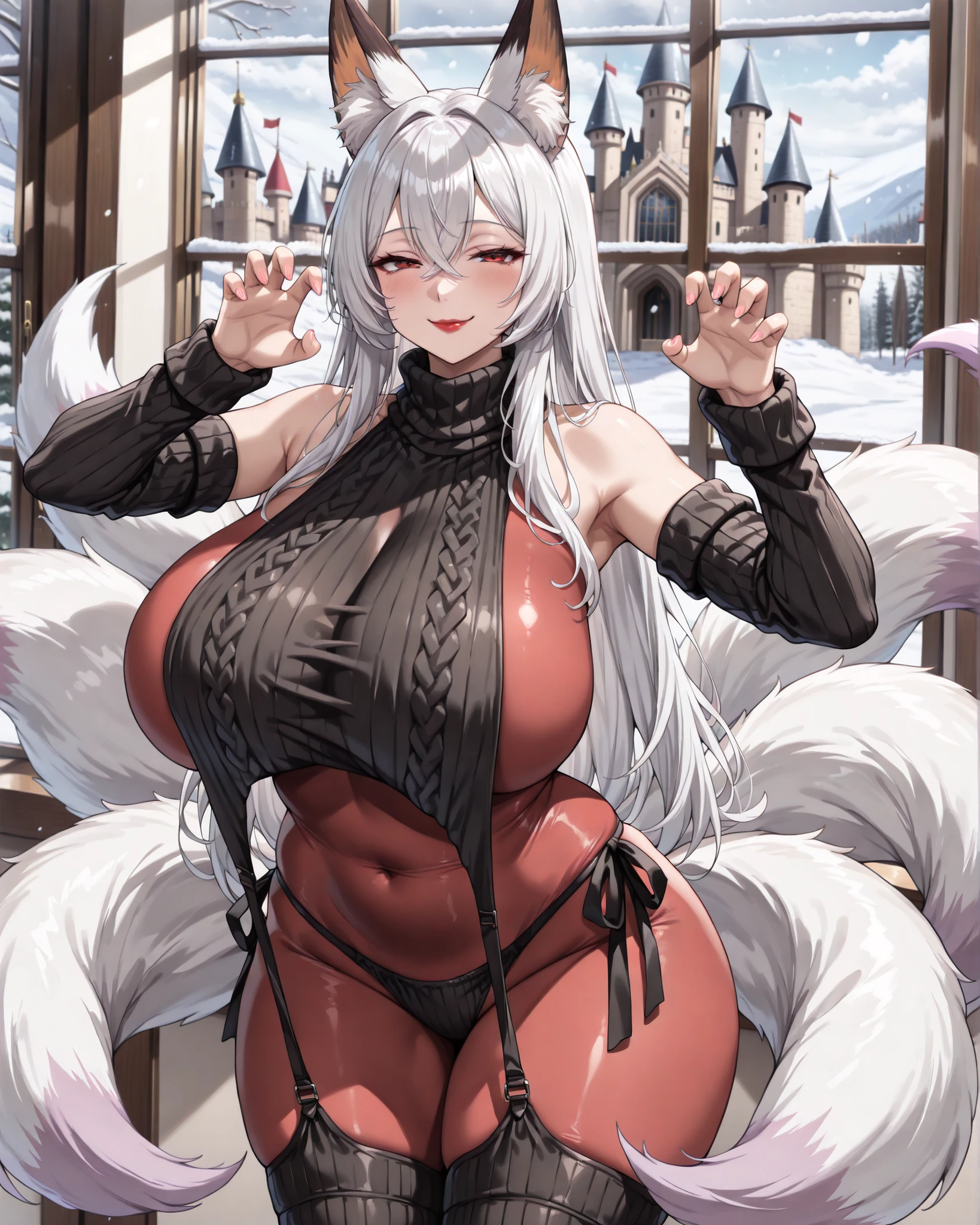 ((best quality)), ((masterpiece)), (detailed),photorealistic, ultra high res, intricate, hyperdetailed, (skindentation), cute, feminine, detailed body , (detailed face:1.1),(perfect eyes), 4k, beautiful,(1girl:1.4),(huge breasts:1.6),(gigantic breasts:1.6),thick eyelashes,long eyelashes,perfect dynamic composition,(thick thighs:1.4), ((wide hips)),
belfast,belfast (azur lane),mature female,eyeliner,long eyelashes,((purple eyes)),thick thighs,gorgeous eyes, gorgeous hair,((white hair)), long hair,bangs,french braid,bangs,fox tail,((multiple tails)),((fox ears)),empty eyes,((sharp eyes)),breast tattoo,((tattoo)),thick thighs,gorgeous eyes,
tight,see-through,(kimono:1.4),(japanese clothes:1.2),((black clothes)),off-shoulder,collarbone,cleavage,,((latex)),((shiny clothes)),black thighhighs, garter straps, choker,chain,((covered nipples)),((covered erect nipples:1.4)), shiny skin,steaming body, heavy breathing,night,shrine, torii,moon,red moon,east asian architecture, undressing, revealing clothes, bed,((all fours)),
seductive smile,(((evil smile))),blush,seductive pose, thick lips,red lips,(huge lips:1.3) , (massive lips: 1.3), (parted lips:1.3), (thick lips:1.6),cowboy shot,corruption,dark persona, pussy juice,
(8k), (4k),(Masterpiece), (Best Quality), fantasy, extremely detailed, intricate, hyper detailed, detailed eyes,(perfect face), illustration,soft lighting,(specular lighting:1.4),shiny skin,looking at viewer,