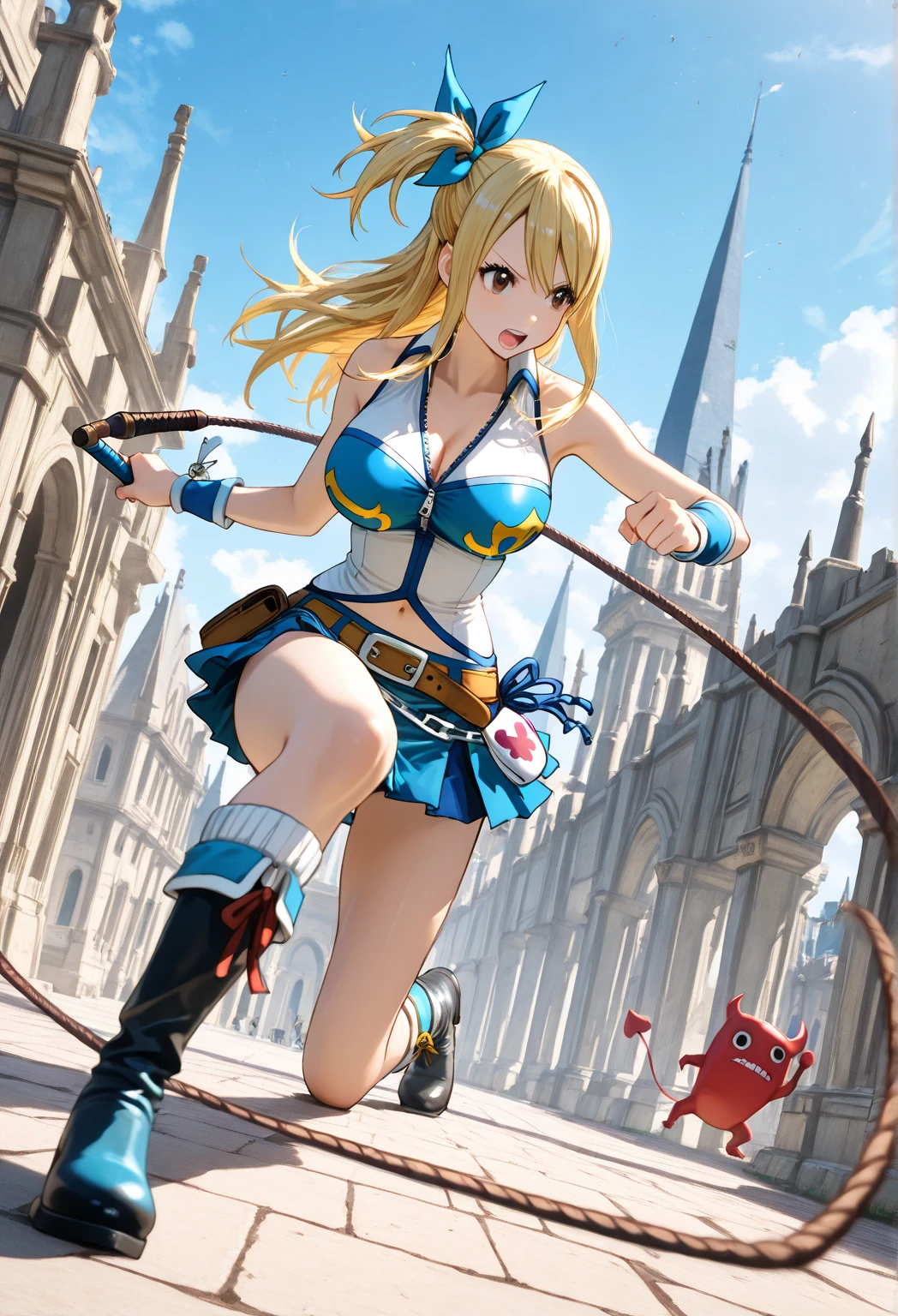 Lucy Heartfilia, blonde hair, long hair, side ponytail, blue ribbon, large breasts, earrings, thigh boots, blue shirt, sleeveless shirt, white skirt Excellent quality, colorful portrait, high resolution, smooth and well-moisturized skin, elegantly drawn hands, delicate feet, intensely expressive face, finely drawn fingers, perfectly sculpted body, permanently well-groomed hair.