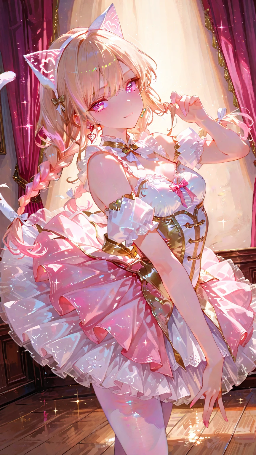 (masterpiece), best quality, expressive eyes, perfect face, Sexy female, (((bimbo))), blonde hair, green eyes, huge fake breasts, huge butt, full body, (1girl), (pink dress), gold bracelets, pink choker, gold hoop earrings, white belt with gold buckle, pink high heels, (pink bedroom background), plump lips, pink lipstick, spoiled, smartphone, makeup, spoiled rotten, pink thong, (sex toy)