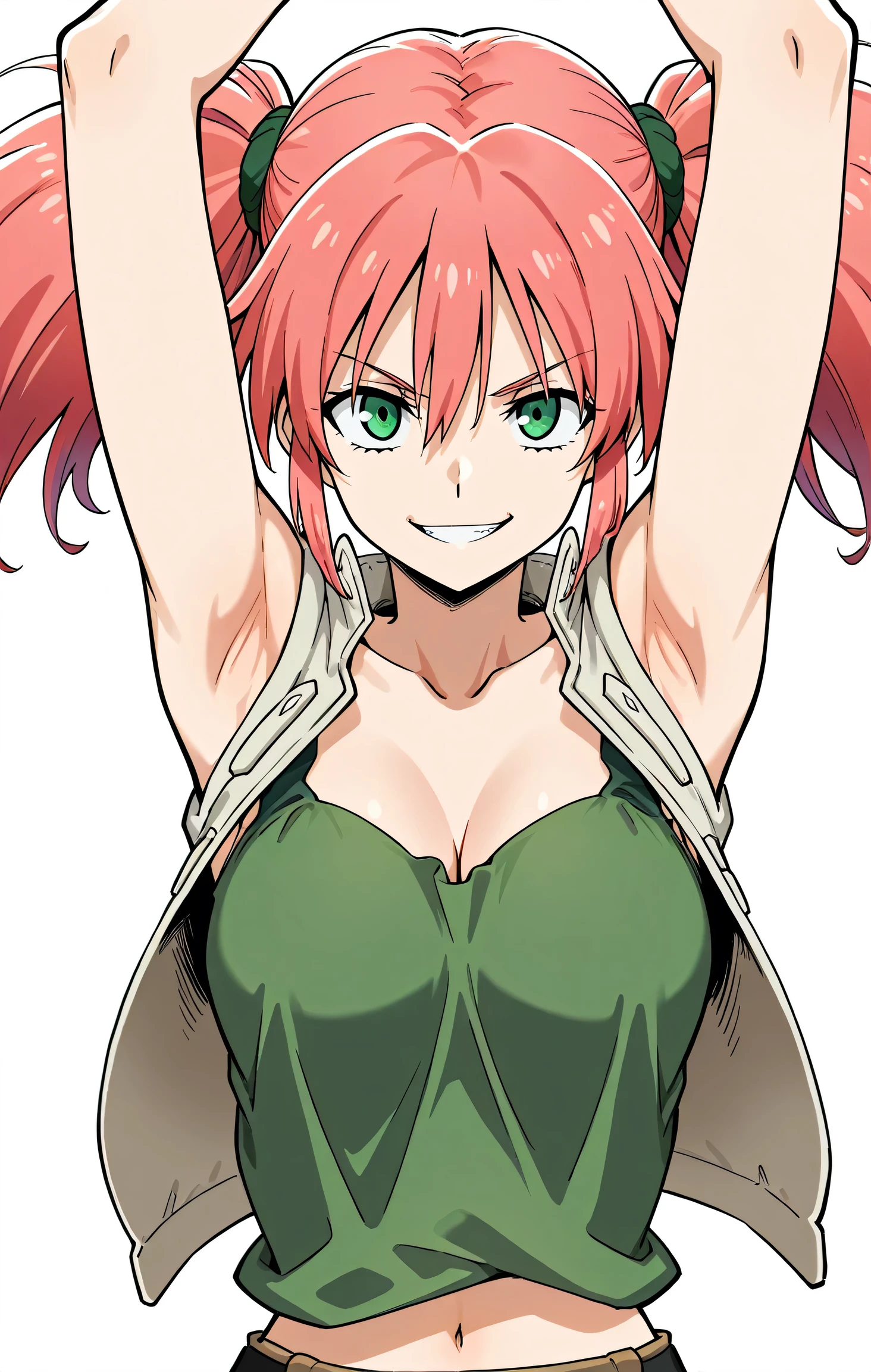 masterpiece, best quality, amazing quality, anime screencap, anime coloring, 1girl, solo, Nadia Cassel,dark pink hair,long hair,high twintails,sidelocks,hair between eyes,parted bangs,green eyes,collarbone,cleavage,beige vest,sleeveless vest,midriff,tank top,green crop top,medium breasts, arms up, raised arms, armpits, armpits focus, head towards viewer, (looking at viewer:1.2), direct eye contact, evil smile, teeth, white background, simple background,