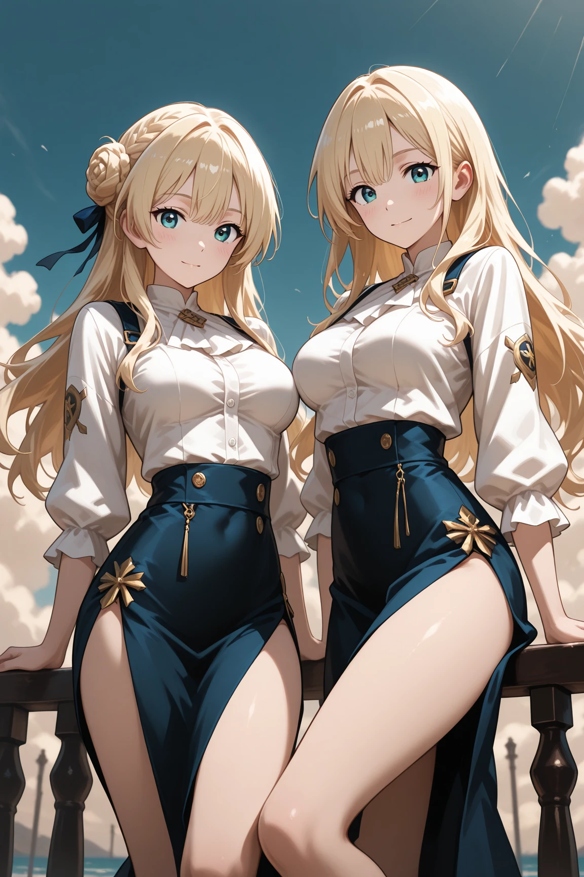 highest quality,wonderful,finely,extremely detailed CG Unity 8K wallpaper, (Stand in line:1.2), (3 girls, cute eyes, blonde, Yellow Eyes, Low Ponytail, Scrunchie, Earrings, Wicked Smile, clothed), (Grin:1.1), ((Brown Skin:1.2), (huge breasts), (wariza:1.4), (cleavage), (black stockings:1.1),(Thighs:1.2),(Waistline:1.1),(Waistline), (From above:1.4)
