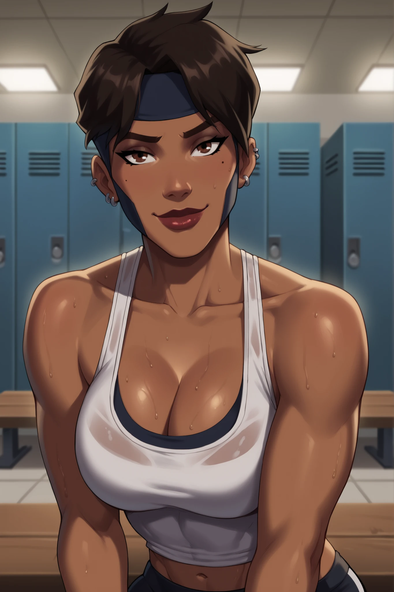 BREAK, score_6_up, score_9, score_8_up, score_7_up, high quality, masterpiece, Rocket, 1girl, solo, 2d, dark-skinned female, short hair, brown eyes, headband, piercing, earring, mask, lipstick, makeup, large breasts, cleavage, curvy, athletic, looking at viewer, smile, closed mouth, happy expression, bedroom eyes, gray racerback sports bra, black workout shorts, sitting on bench, locker room, indoors, closeup, portrait, upper body, sweaty
