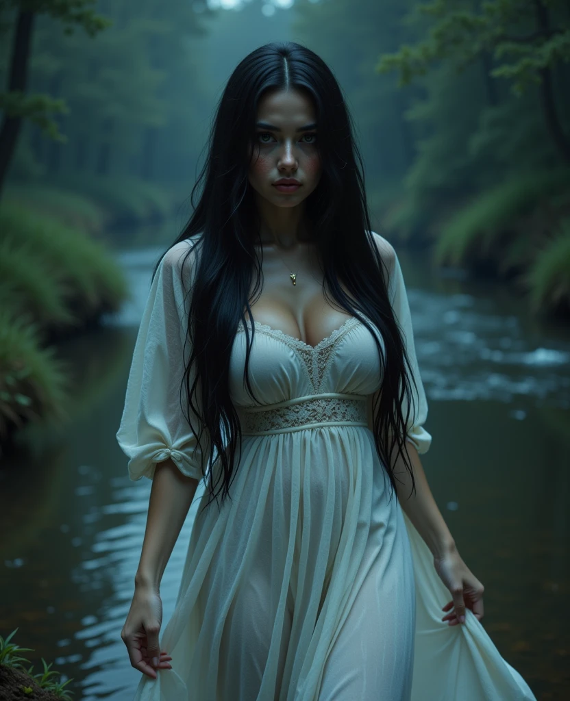 ((Night)) ((a deserted lake)) Vampire woman, (full body), black hair, pale skin, fangs bared, hungry, sexy nightgown, looking at viewer, rises out of the water, soaking wet. style of a painted book illustration, dramatic lighting, (depth of field), ((masterpiece)), ((best quality)), ((highly detailed))