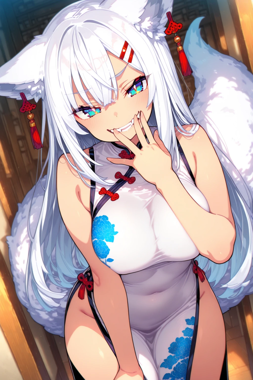 Huge tits, kimono, white circle eyes, Busty, best quality, (masterpiece:1.2), highly detailed, 1girl, looking at viewer, emotionless, open mouth, blue eyes, long hair, shrine, silver hair, fox ears, fox tails, close up