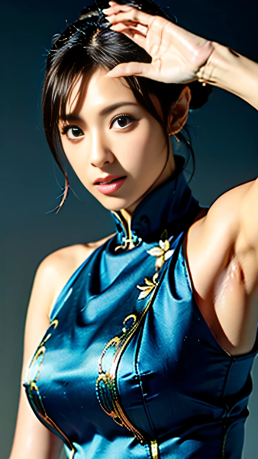 Photo studio、Silver leather blazer suit with rubber texture、Shiny green bra、Shiny blue silk shirt、Cleavage、（Large Breasts:1.4)、Japanese、Gravure idol、Cute 18 year old girl,Black hair in a ponytail, masterpiece, 最high quality, 超high quality, high quality, High resolution, 超High resolution, Absurd, 4K, 8k, 16K, Very detailed, Realistic, photo Realistic, RAWphotograph, photograph, Super Fine Illustration,Beautiful Face、Realistic Face、(Ultra detailed hair)、(Ultra-detailed eyes)、Beautiful details、Realistic Skin、Perfect Anatomy、(Detailed skin)、Beautiful Skin、Charm、Ultra high definition、Ultra-realistic、Correct Anatomy, Perfect proportions