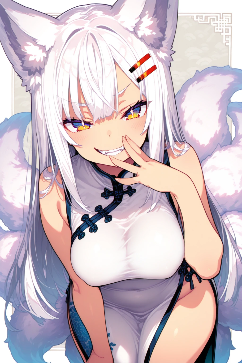1girl, aegir \(azur lane\), azur lane \\\\\ masterpiece, best quality, very aesthetic, absurdres, newest \\\\\\ perfect anatomy, slim body, ,perfect hands, , , \\\\\\ by nyantcha,,by cutesexyrobutts,by khyle ///// white background, , , silvery white hair with a single prominent red streak , black horns, , virgin killer sweater, yellow eyes, drunk,, , big tits,,, heels,sit,splash art, fellatio gesture
