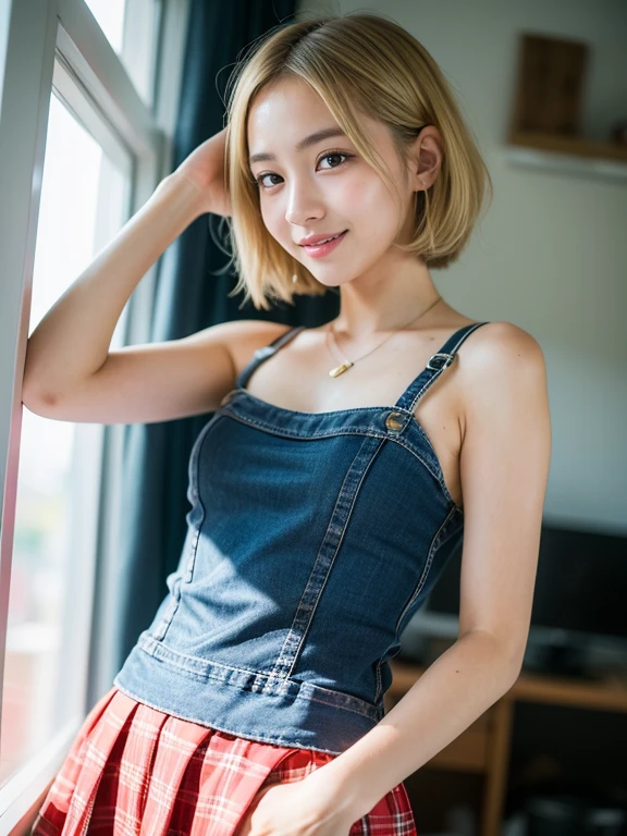 (masterpiece, highest quality:1.3), (Super detailed 8K CG:1.2), (hyperrealistic:1.35), (Photorealistic:1.45), (realistic:1.4), cowboy shot, one beautiful japanese girl, 22 years ago, (blonde:1.2), (very short hair:1.2), (sunburned skin:1.5), Black gal, flat chest, (gal makeup:1.3), (looking at the viewer), dynamic lighting, (smile:1.4), cinematic angle, think back, denim shorts, White Gal Jacket, downtown,