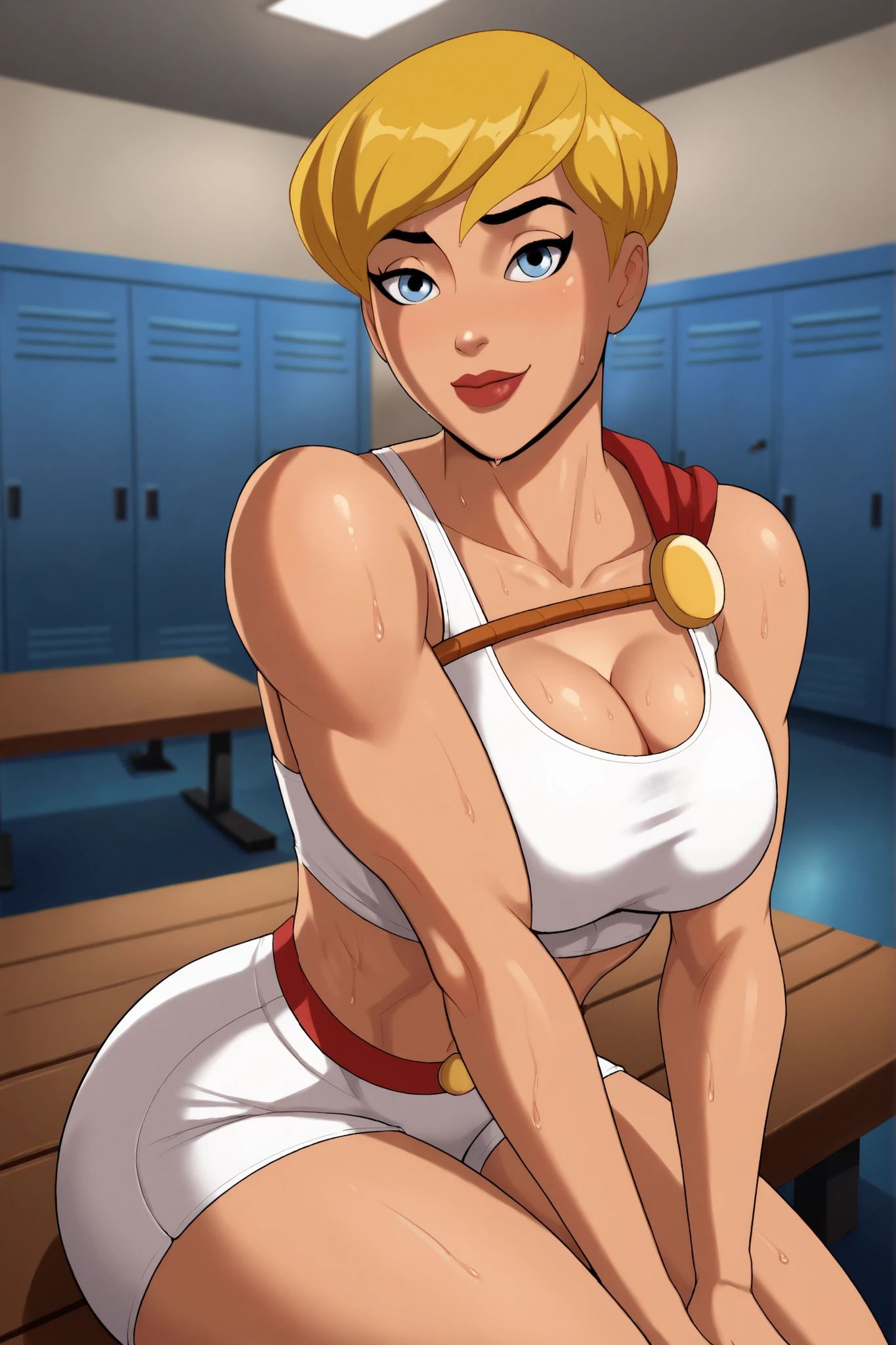 BREAK, score_8_up, score_7_up, score_6_up, score_9, PowerGirlPublicEnemies, 1girl, solo, blonde hair, large breasts, short hair, blue eyes, superhero, lipstick, makeup, dark skin, cleavage, curvy, athletic, looking at viewer, smile, closed mouth, happy expression, bedroom eyes, white racerback sports bra, white workout shorts, bare shoulders, sitting on bench, indoors, locker room, closeup, portrait, upper body, sweaty