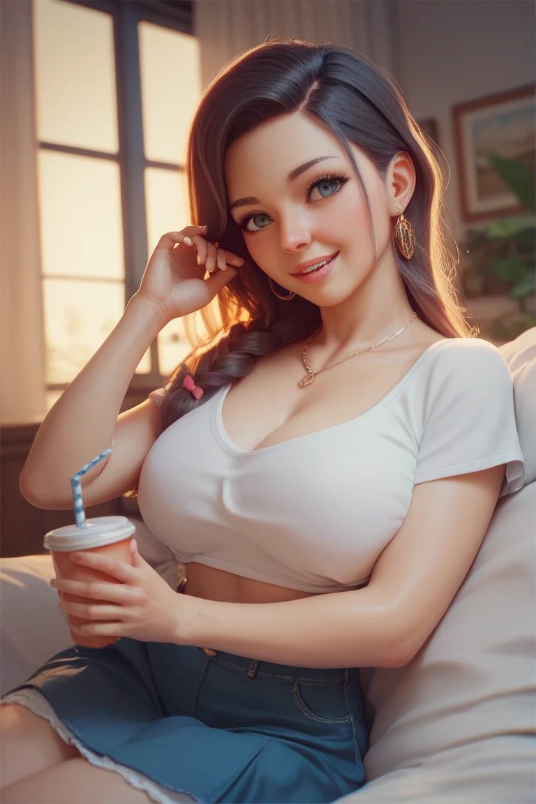 There was a woman holding a thermos cup in her hand, trending at cgstation,  trending on cgstation,oral-sexy，The chest is open， ultrarealistic sweet bunny girl, e - girl, perfect android girl family,（Real style）Long legs，exquisite facial features