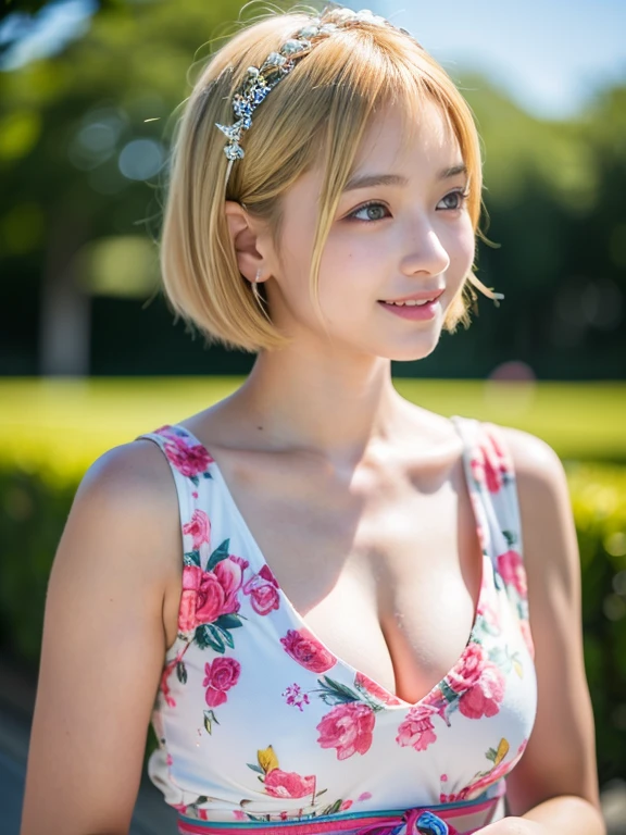 20-year-old female, at the park, (light blue floral dress), RAW Photos, (photoRealistic:1.37, Realistic), Highly detailed CG integrated 8K wallpaper, One girl, (Medium Hair:1.4) (Thick body:1.4) , View Viewer, (((Straight from the front))), (high qualityスキン:1.2, Shiny skin), 8K Ultra HD, Digital SLR, Soft lighting, high quality, Film Grain, Fujifilm XT3, ((Dynamic pose:1.2)) ((Upper Body:1.6)) (Professional Lighting:1.6) , Rivirenata