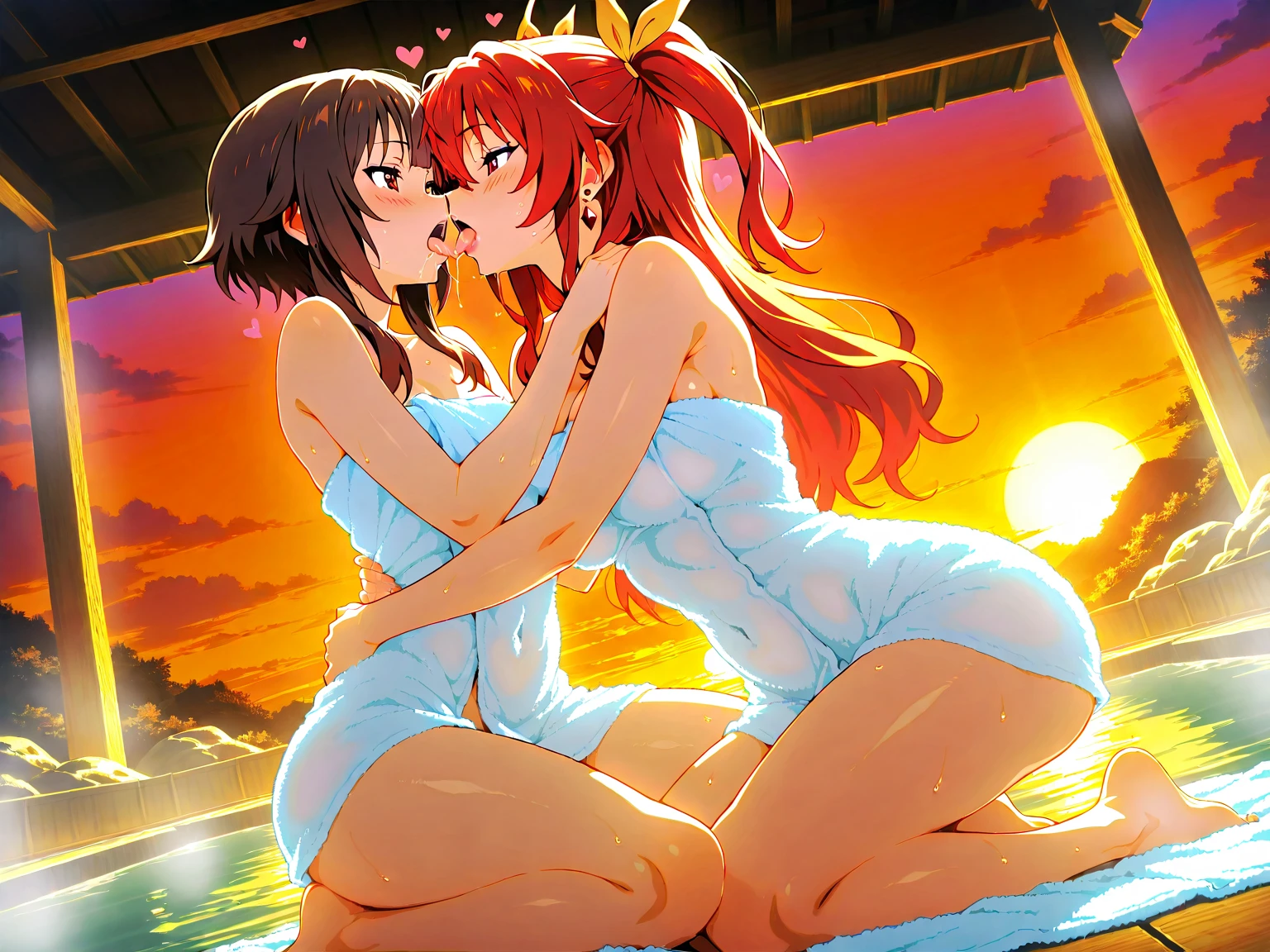 Two women standing. two women kissing. two women hugging. Ochako Uraraka, triangle top decorated stripes, medium breasts, hipster bikini decorated stripes, medium glutes, smiling. Jiro Kyoka, strapless decorated flowers, medium breasts, flower decorated thong, playa, noon. perfect bodies, perfect legs, perfect arms. perfect lighting