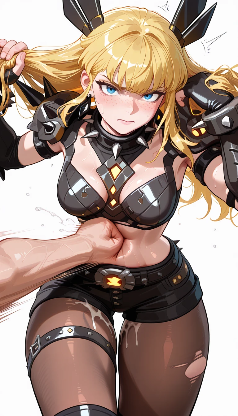 teenage girl, athletic, muscular body, she has long blonde hair, the bangs in her hair hide her eyes, she wears torn clothes and a metal breastplate, she walks like a beast, doggy pose, Pointy teeth