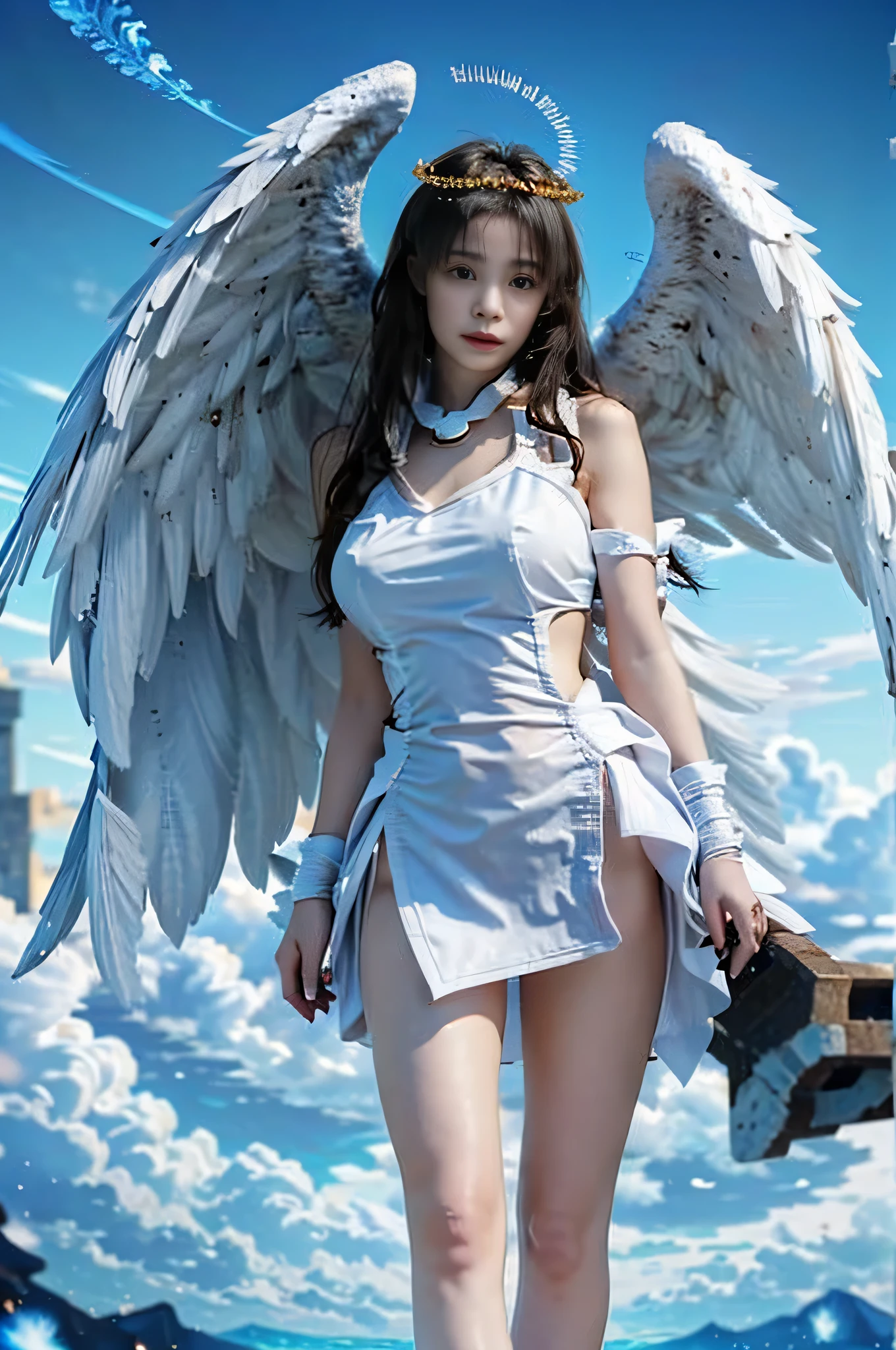 Angel wings, half white and half black, large wings, dangling, 1 female, long legs, lower hemisphere, hip arc, briefs, legs crossed, hands open, beam, shantytown, old residential area, glitter, hug gesture, pretty face, oriental face, outdoor, looking up, low camera, best quality, super fine photo, masterpiece, 8K, UHD, translucent, cool, seductive, fantasy, hyper-realistic, photography level --auto --s2