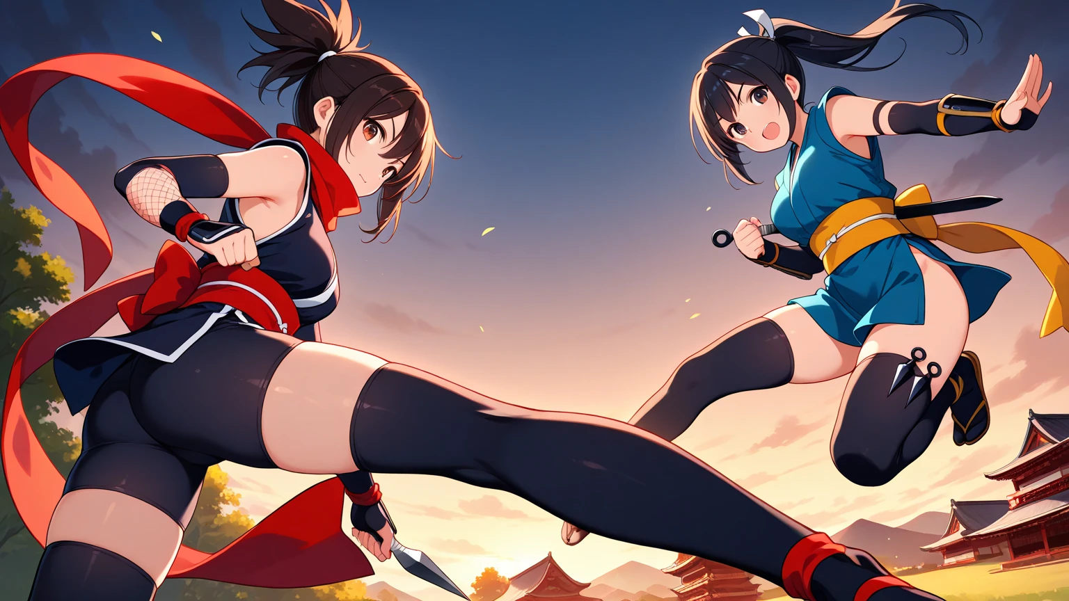 Full body shot of character from Dead or Alive game. Kasumi versus Ayane, same size, engaged in a fierce duel with short swords, showcasing their impressive swordplay and deadly precision. Their long loose hairstyles flow behind them as they battle in a stunning and lush forest setting. Both warriors are dressed in sleeveless kimonos and skirt, adorned with an obi tied to back hip, and accessorized with black thin elbow gloves, 100% black thigh high socks, and small black boots.