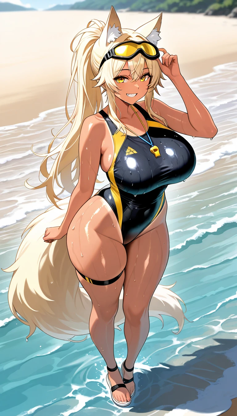 ((Table t○p, highest quality, Hi-Res Lucifer,Anime Screen Capture、Pixel Perfect, 8k, Browsing Caution)))、Perfect Anatomy、((((Brown Skin))))、(((Gal、Huge breasts、Wide Hips、Wide ass)))、(((Navy Blue Competitive Swimsuit)))、Hands on hips、Sweat, vapor,(blue eyes)、((Blonde)),  ((((:d、blush))))、(city)