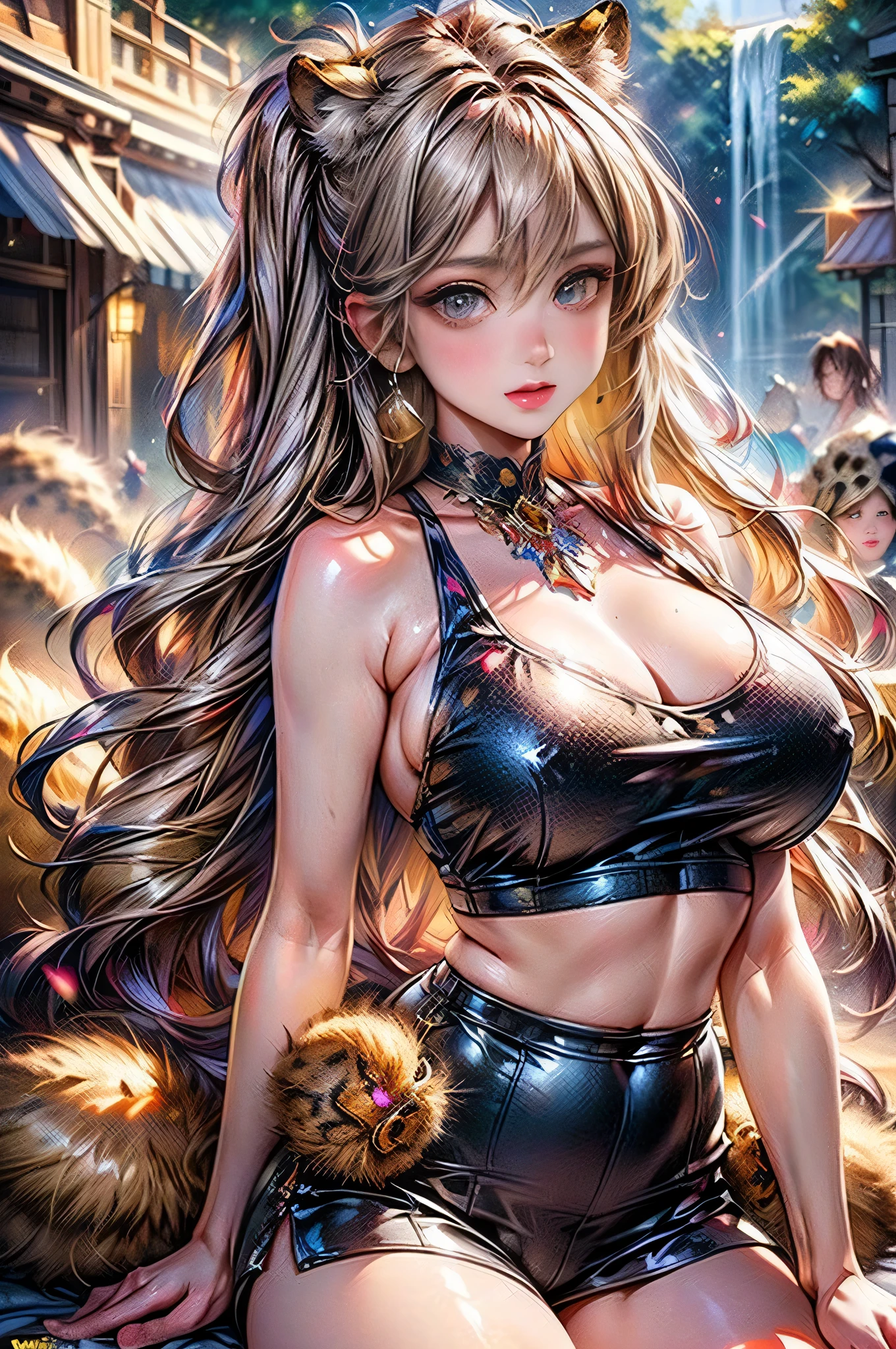 melhor qualidade, Obra de arte, ultra high resolution, (Fotorrealista:1.4), Foto CRU, Medicina Melancolia, bikini, seios enormes, quadris largos, coxas grossas, cabelo loiro, cabelo curto, cabelo ondulado, olhos azuis prateados, sorriso sedutor, olhando para o espectador, voluptuoso, Red loop, arco de cabelo, (just bikini:1), 1 garota, ((doll joints:1)),
